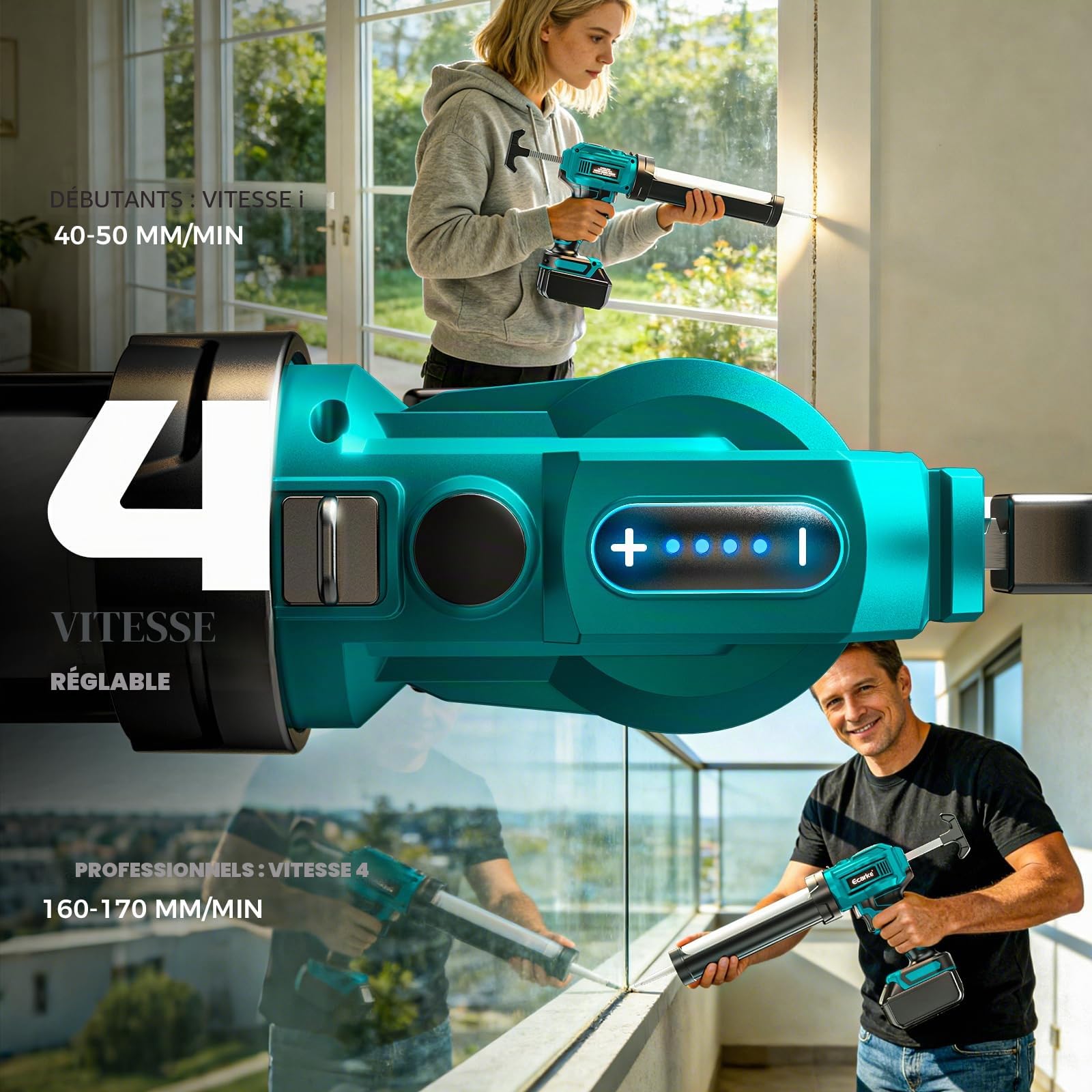 Ecarke Pistolet à Cartouche sans Fil compatible Makita 18V, Moteur Sans Balais, 6 Vitesses, LED, 300ml