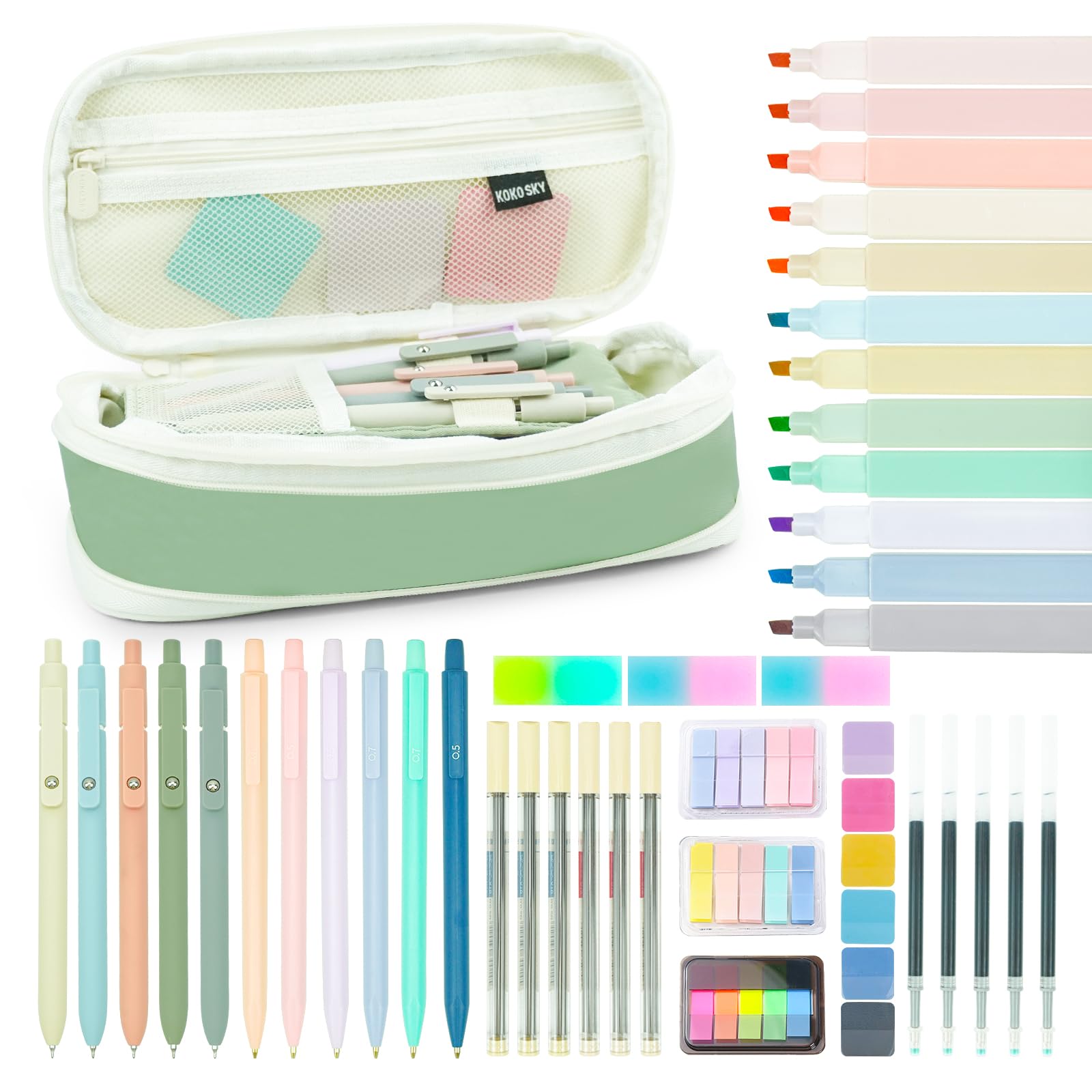 47PCS Back to School Aesthetic Supplies with Cute Pencil Case 12 Highlighters 5 Black Ink Gel Pens 6 Mechanical Pencils Set for College Nursing Stuff,Sticky Notes,3 Erasers,Bible Journaling Kit