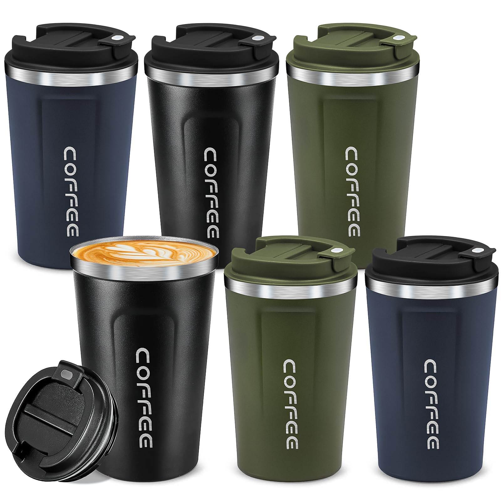 6 Stück Edelstahl Thermobecher 380 ml–Isolierter Kaffeebecher To Go für Heiß- und Kaltgetränke, Wiederverwendbare Trinkbecher mit Auslaufsicherem Deckel für Auto, Büro, Camping & Fitness (3 Farben)