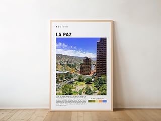 La Paz Bolivia poster print featuring cityscape with cable cars and Andes views, travel wall art for urban scenery and altitude life charm