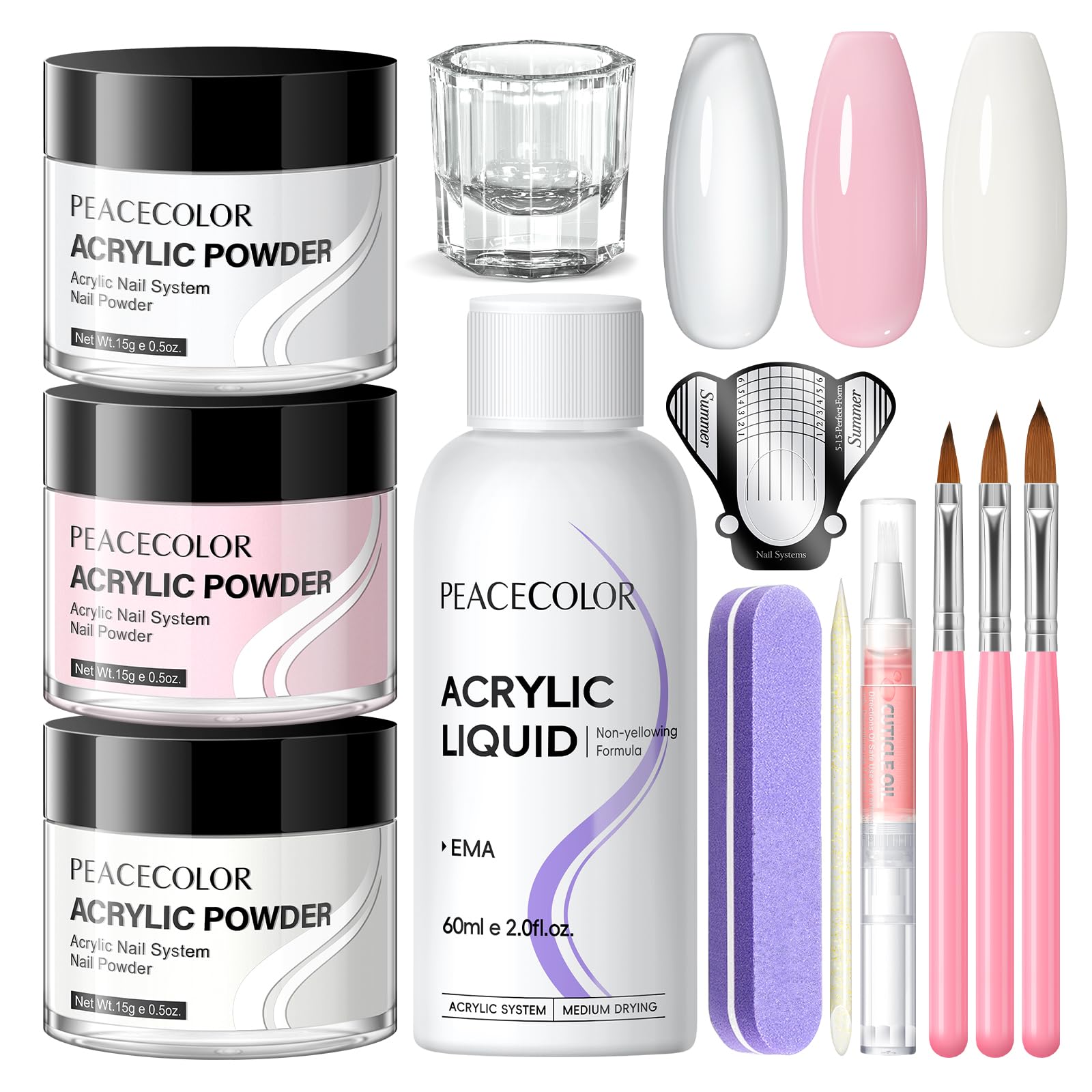 PEACECOLOR Kit Acrylique Ongles Liquide 3 Couleurs Poudre Acrylique pour Ongles Liquide de Manucure Kit Extensions Ongles En Gel Pour Utilisation à Domicile Dans Salon Manucure DIY