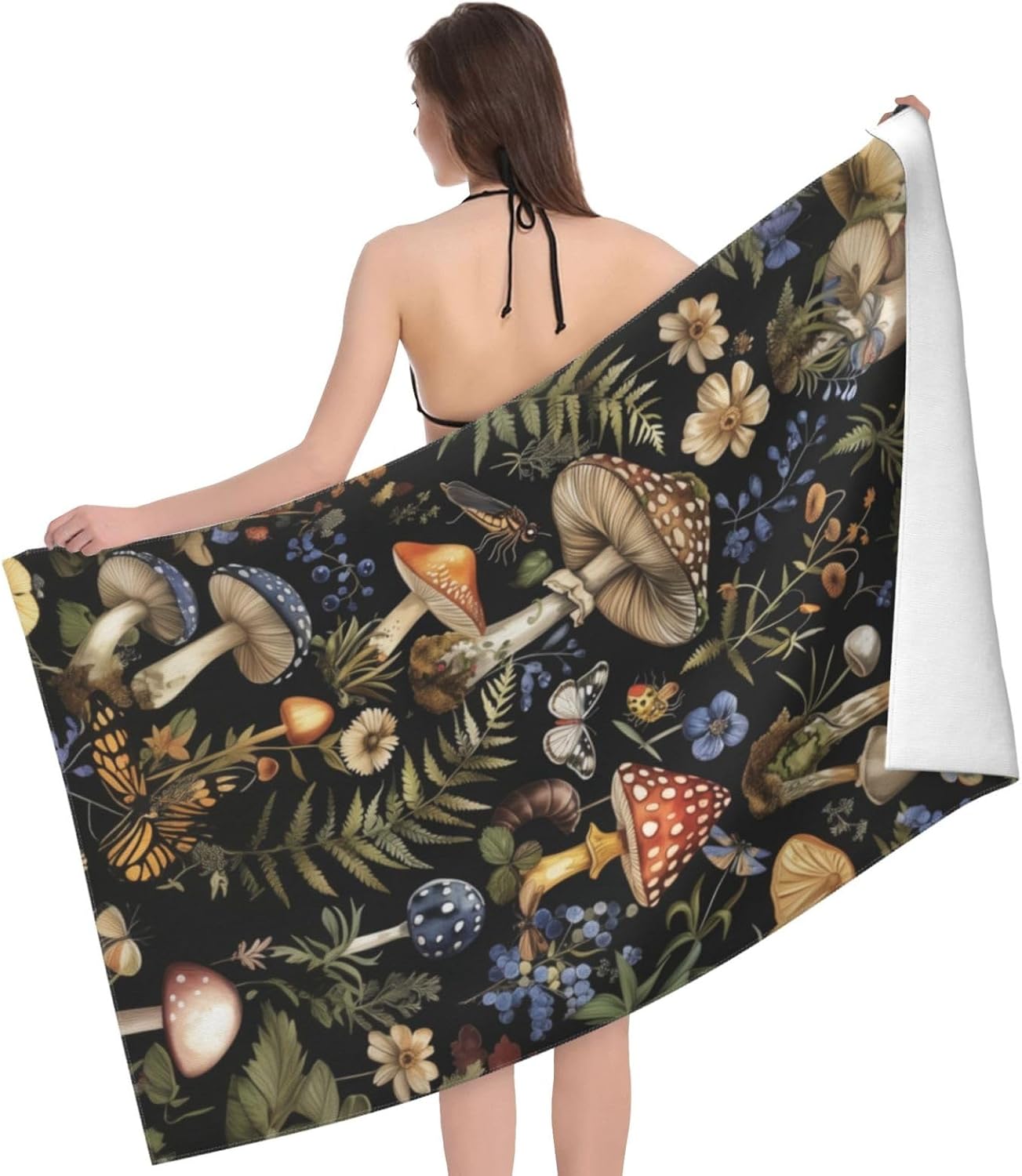 Mushroom Beach Towel, 32x52in Microfiber Quick Dry Enchanted Forest Wildflower Fern Butterfly Bath Towels, Soft Lightweight Oversized Sand Free, for Travel Pool Swimming Gym Decor, Gifts
