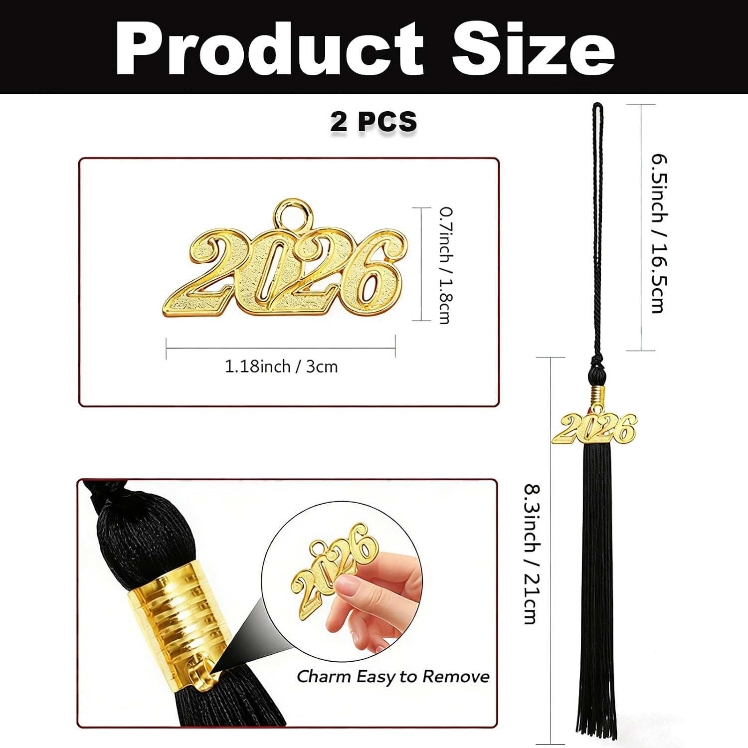 2PCS 2026 Graduation Tassels, 15.6" Black & Black-Gold Tassels with Gold 2026 Charms, Gradutate Long Tassel for Grad Cap, Hat Accessories, Graduation Ceremony & Memorial Decorations