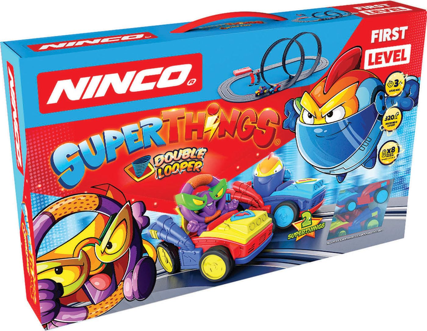 Ninco - Superthings Double Looper | Circuito di slot su scala 1/50 e 320 cm | Include due veicoli Speed Jumper, con 2 personaggi Hellmut Speed e Wheelzag | A partire da 3 anni (91018)