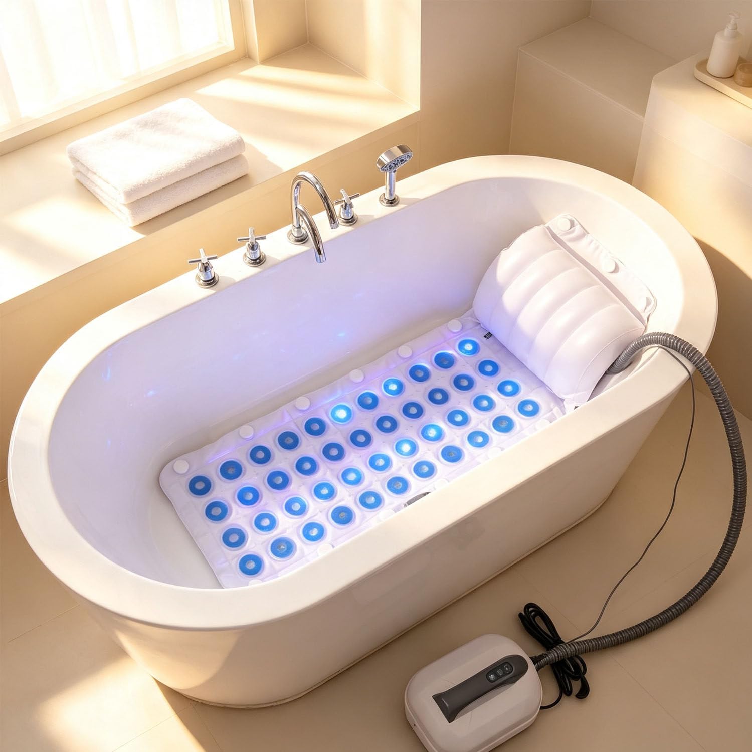 Heim-Spa Blasenbadematte, LED Badewannenmatte mit Nackenkissen 220v | Einfache Montage mit aufblasbarem Nackenkissen. Leichtes Design für einfaches Falten und Verstauen