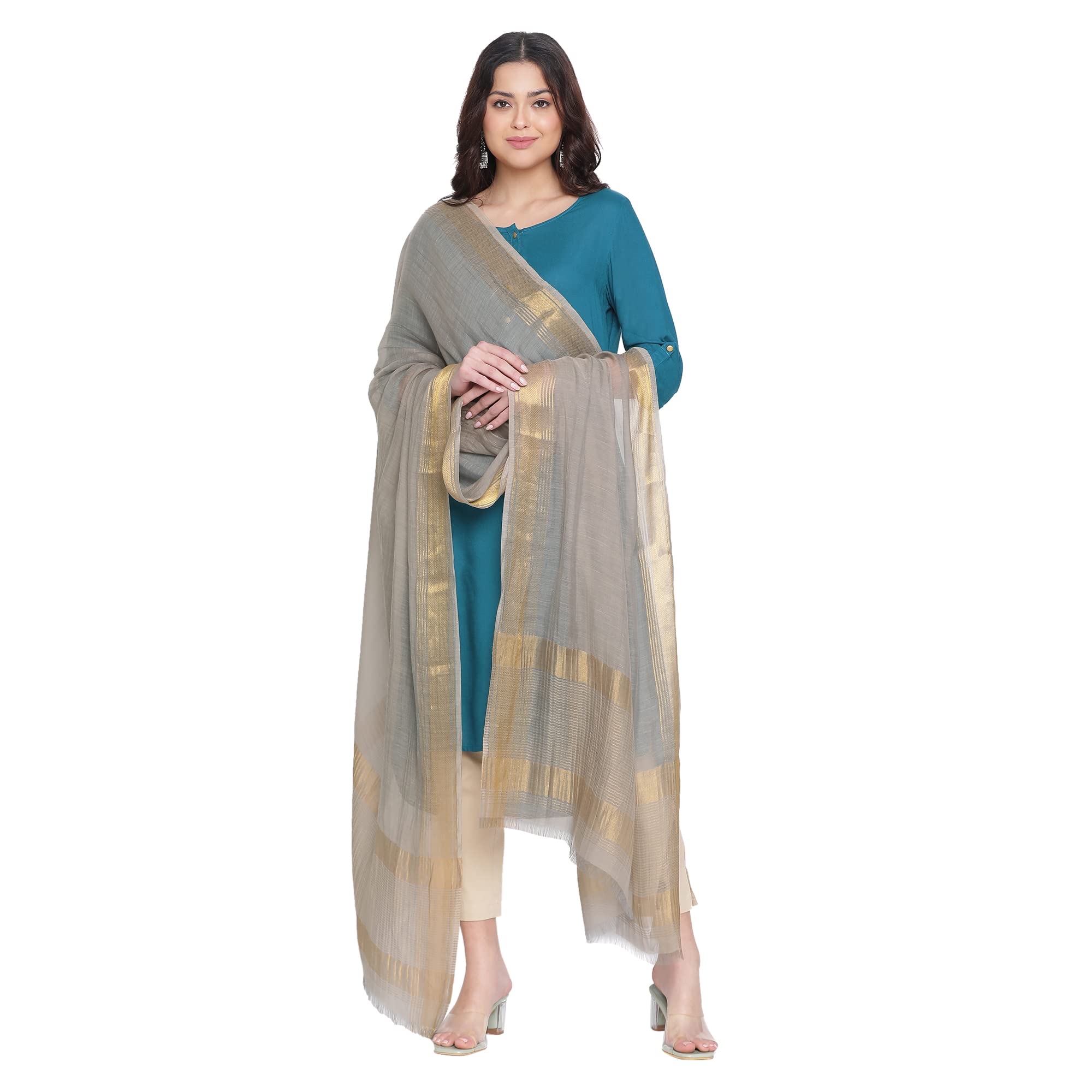 SHINGORA Grey Dobby Woven Zari Dupatta