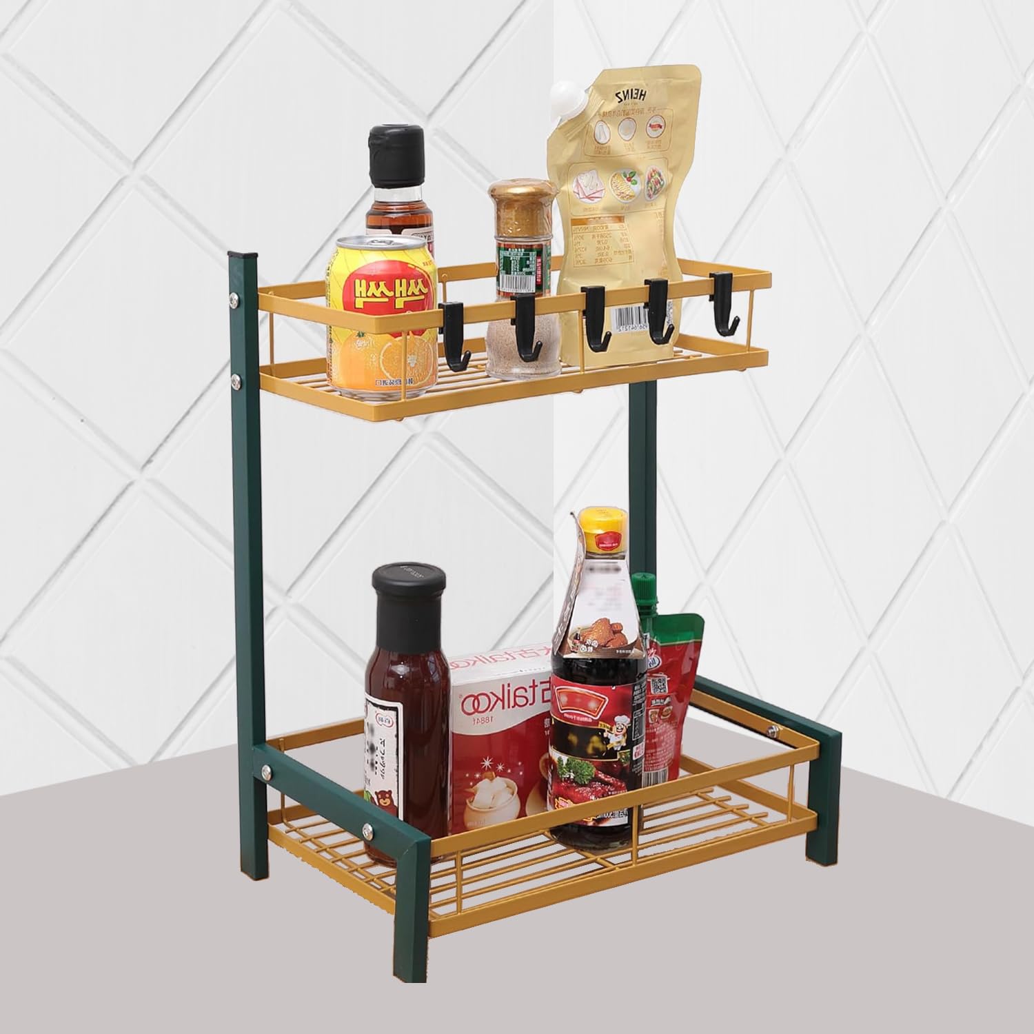 Kuber Industries 2-Layer Dish Drying Rack|Storage Rack for Kitchen Counter|Drainboard & Cutting Board Holder|Premium Utensils Basket (Gold & Green)