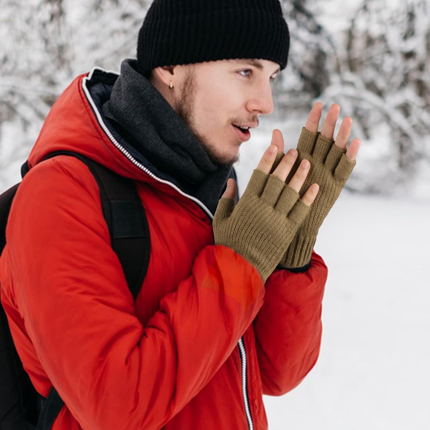 Fingerless Gloves - Half Finge Thermal Winter Gloves Warm Knitted Gloves for Men Working Running Driving - Image 6