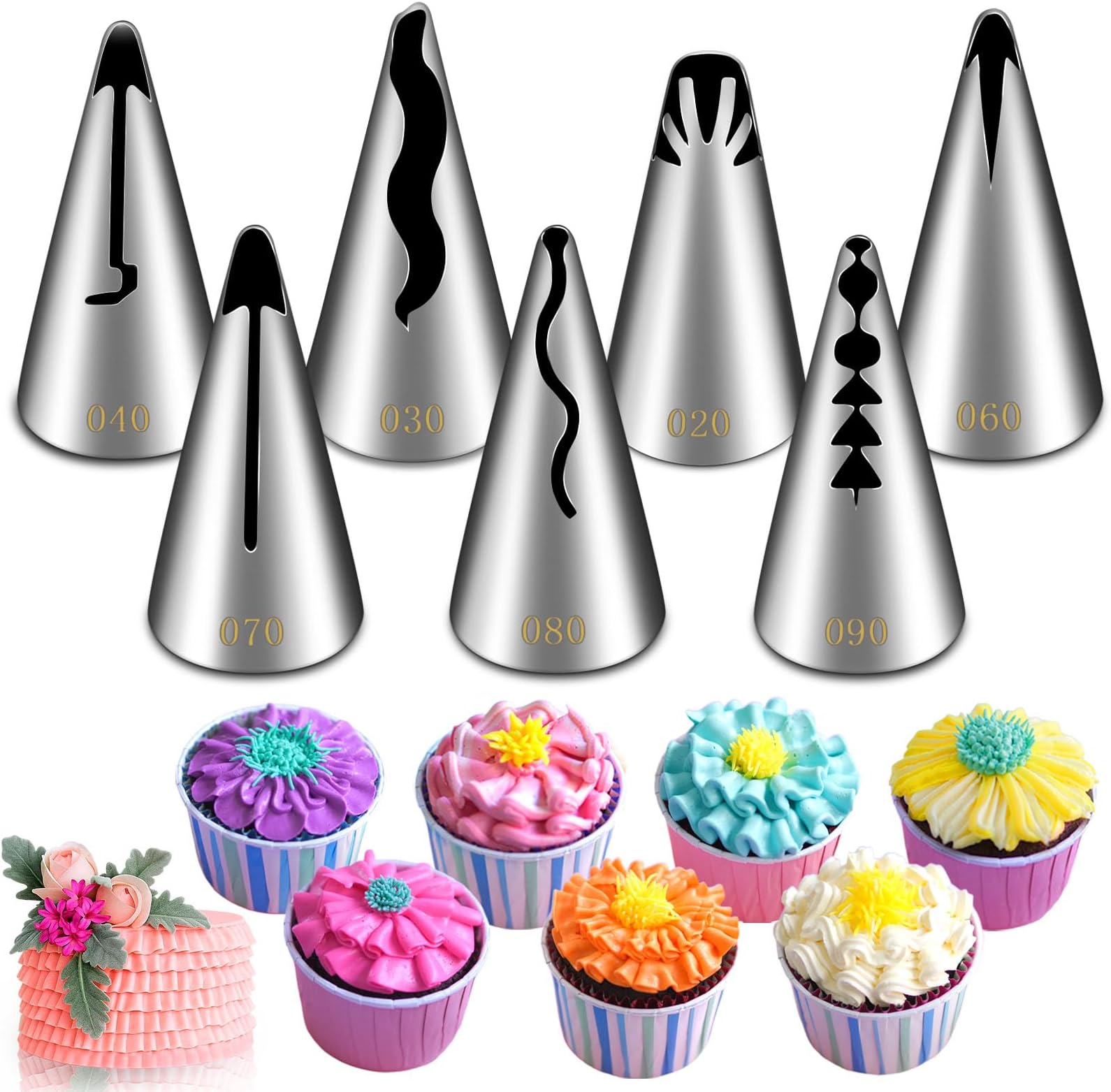 7 Pieces Pleated Skirt Piping Nozzles Set, Stainless Steel Russian Nozzles Tips Piping Set For Pastry Fondant,Cake Decorating Supplies Baking Set Tools