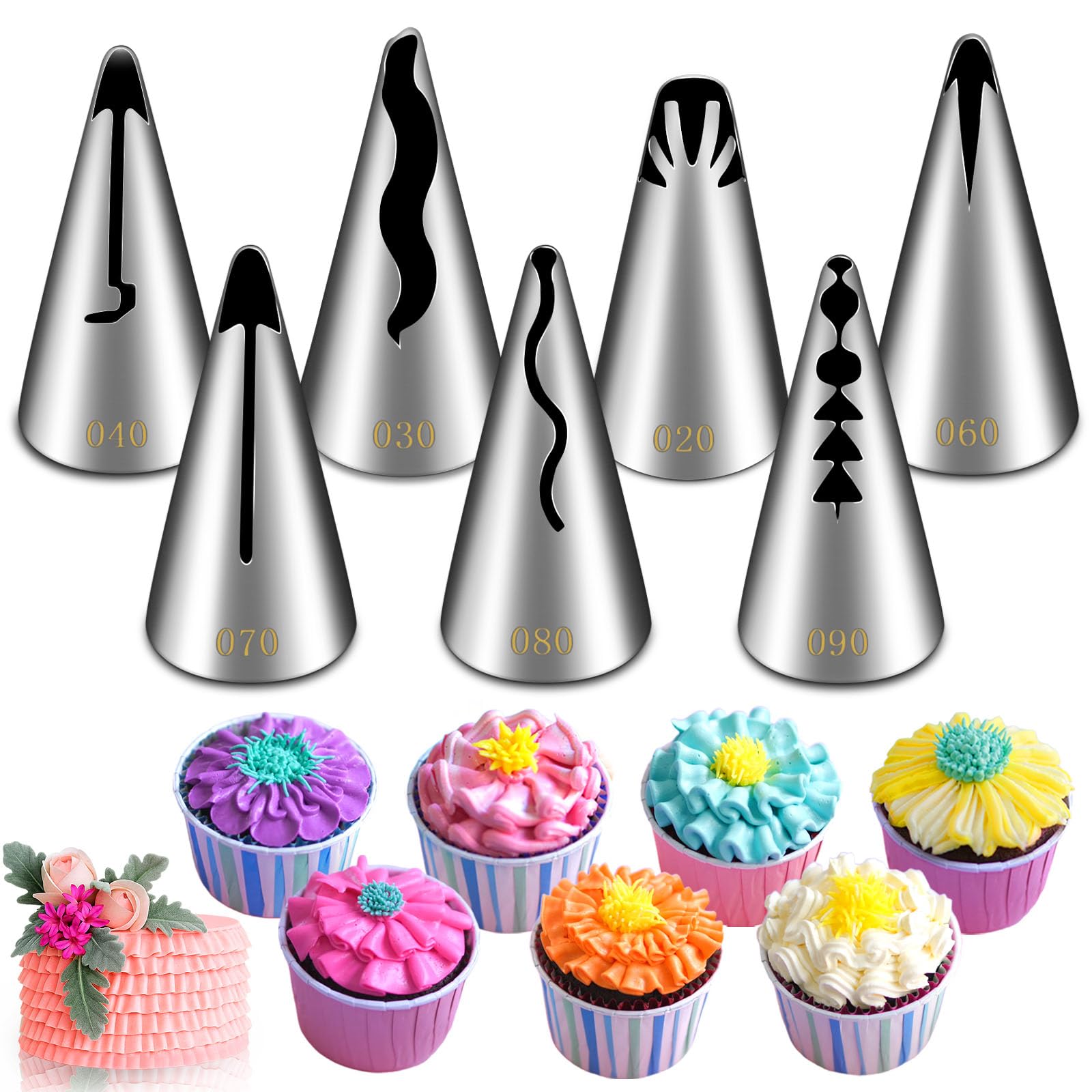 Suuker 7 Pieces Pleated Skirt Piping Nozzles Set, Stainless Steel Russian Nozzles Tips Piping Set For Pastry Fondant,Cake Decorating Supplies Baking Set Tools
