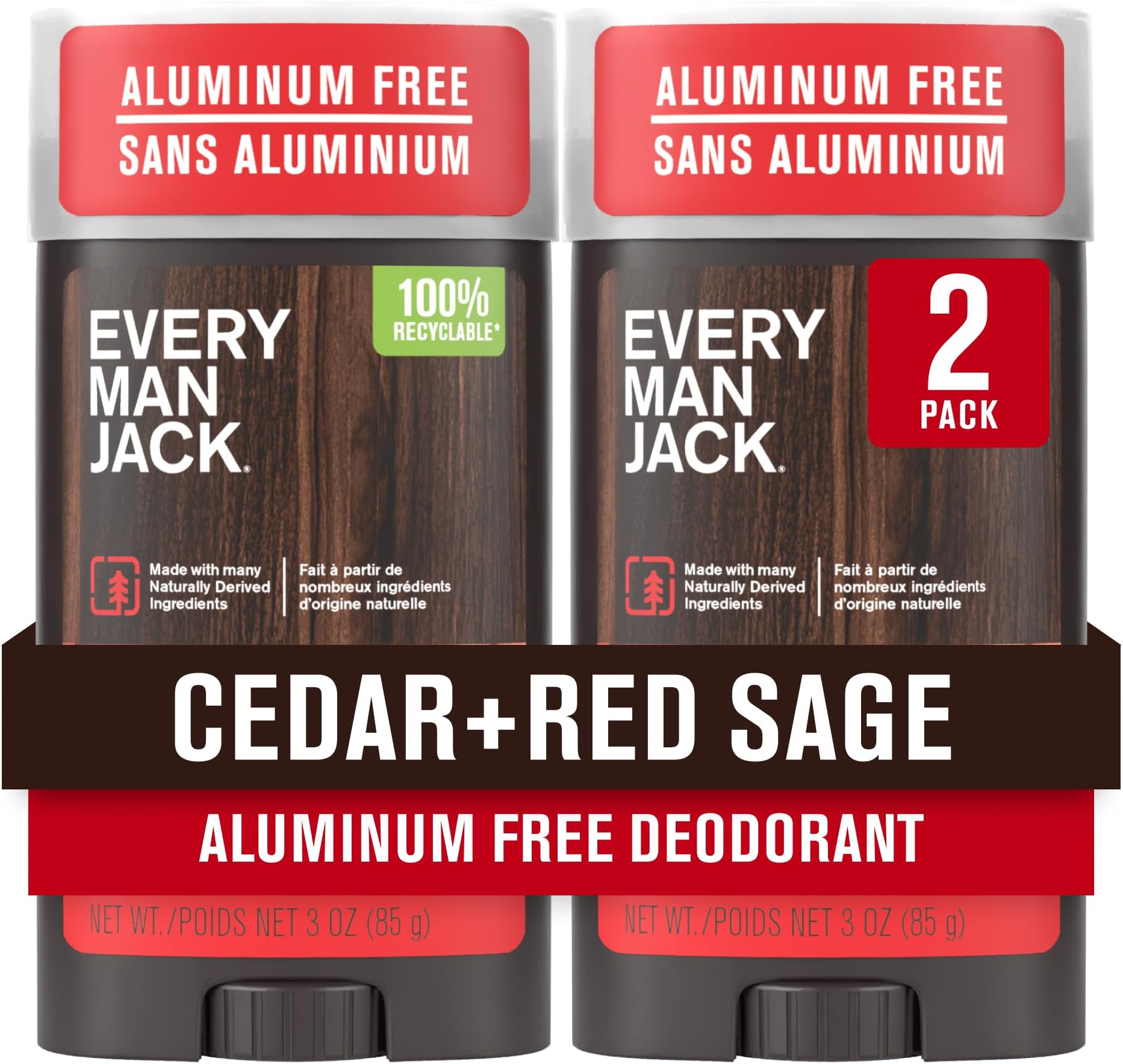 Cedar + Red Sage Men’s Deodorant - Stay Fresh with Aluminum Free Deodorant For all Skin Types - Odor Crushing, Long Lasting, with Naturally Derived Ingredients - 3 oz - 2 Pack