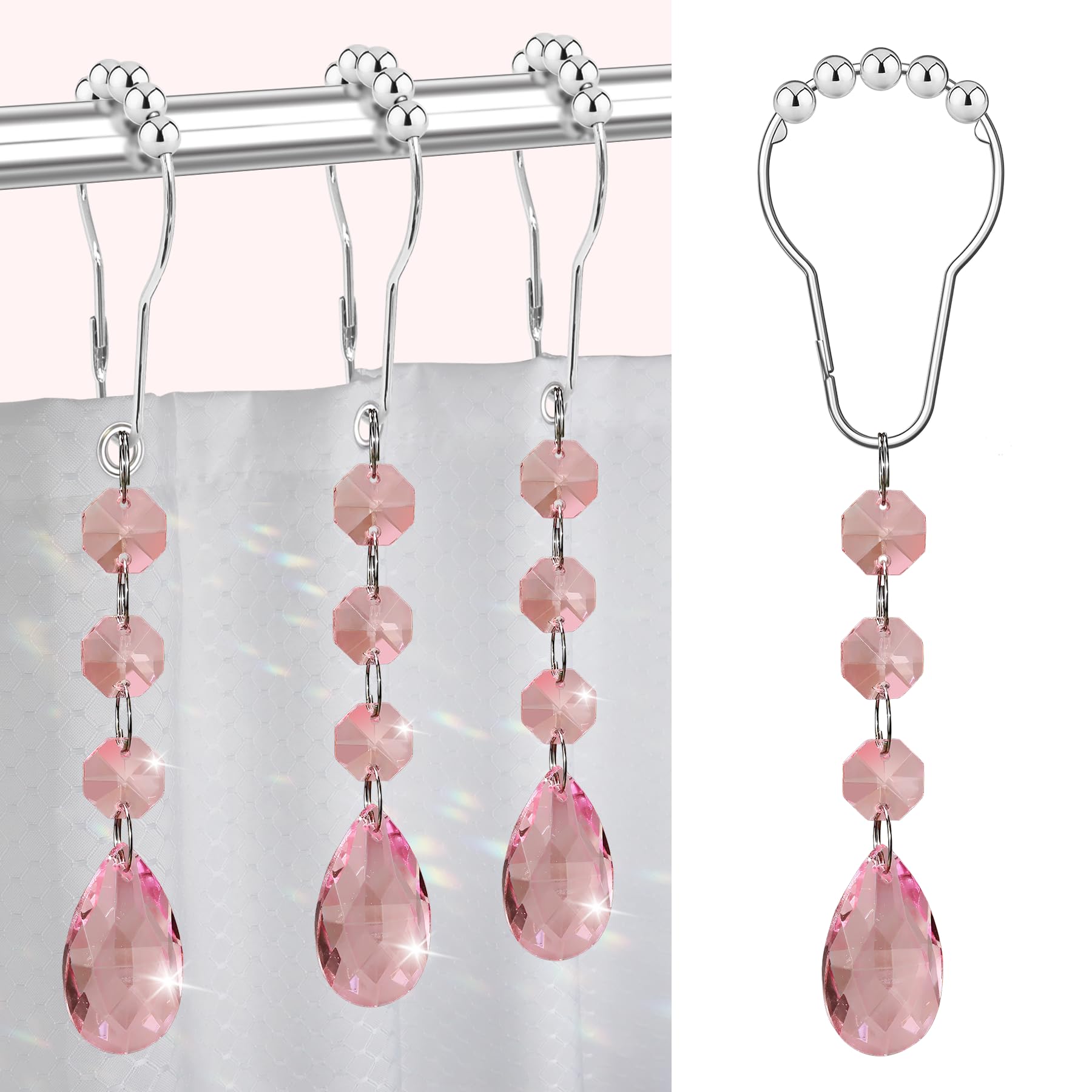 Yapicoco Shower Curtain Hooks Rings for Bathroom, 12PCS Gemstone Crystal Bead Water Drop Stainless Steel Rust Resistant Clear Shower Curtain Rings (Pink)