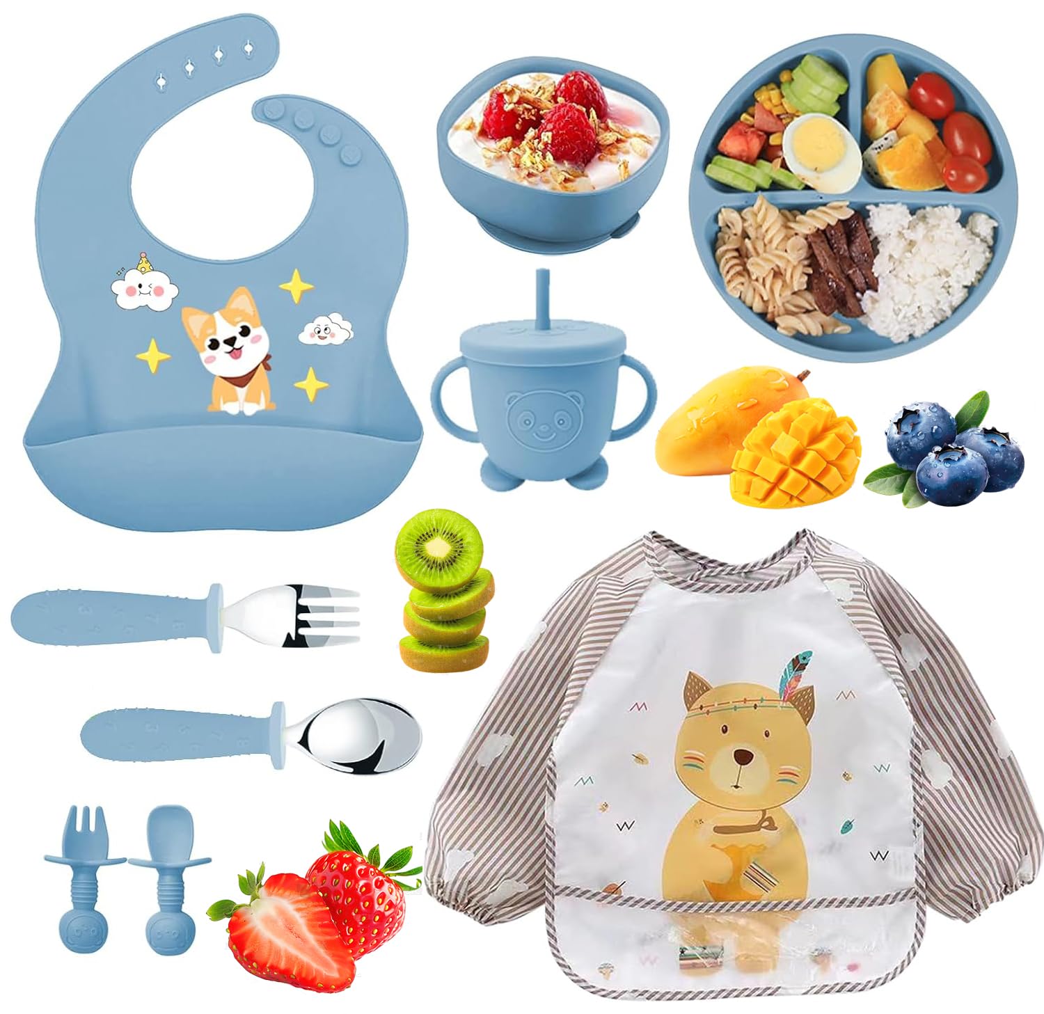 Silikon Baby Geschirr Set 9-teilig, Beikost Geschirr mit Saugnapf, Antirutsch Teller & Schüssel, Lätzchen Löffel Gabel, Kindergeschirr BPA-frei für Babys & Kleinkinder