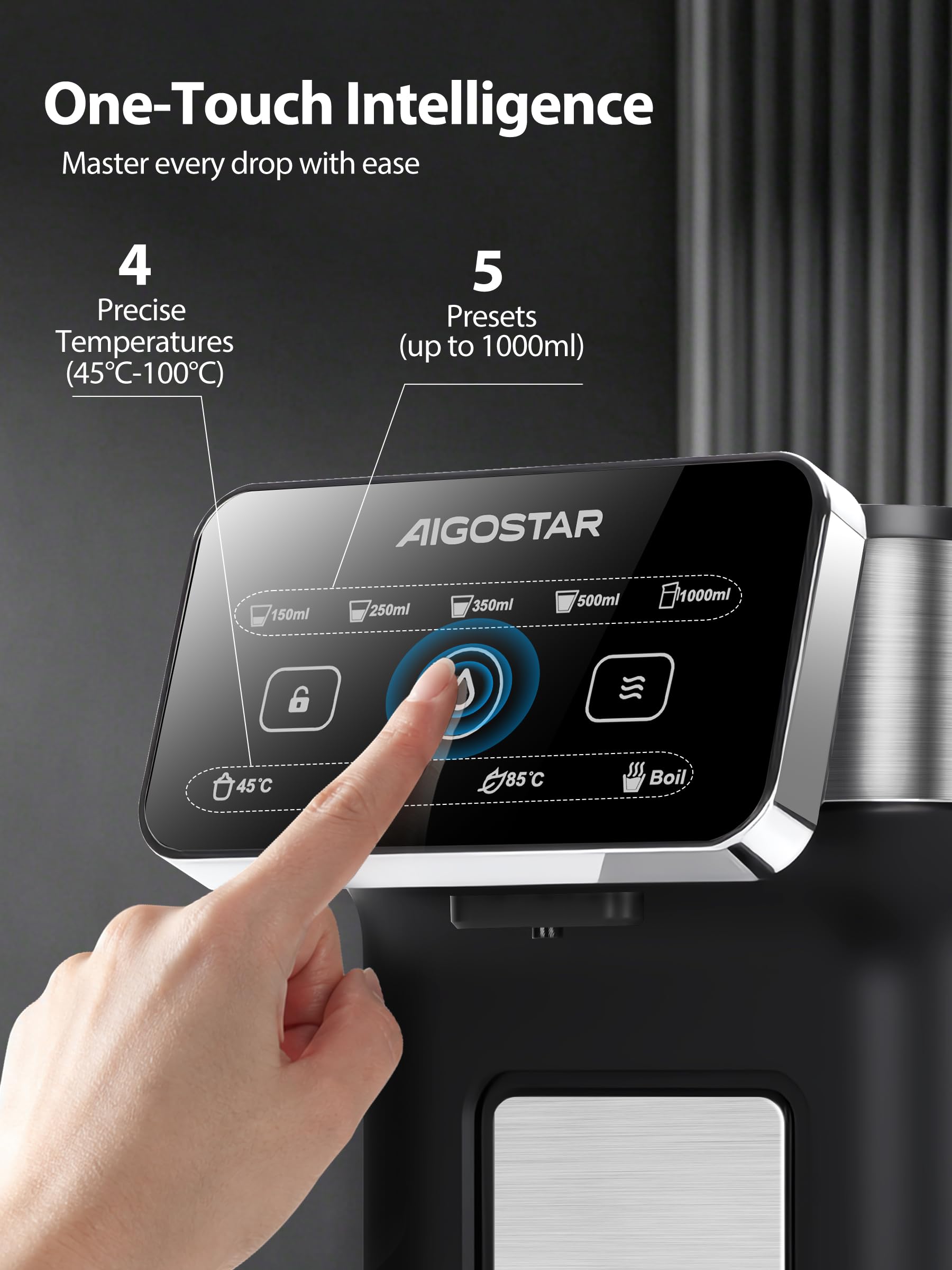 Aigostar - Distributeur d'Eau Chaude Instantané 3L Inox, Eau Chaude en 3 Secondes, 4 Températures Réglables 45-100°C, 5 Volumes 100-1000ml, Écran Tactile, Plateau Réglable en Hauteur, Sécurité Enfant