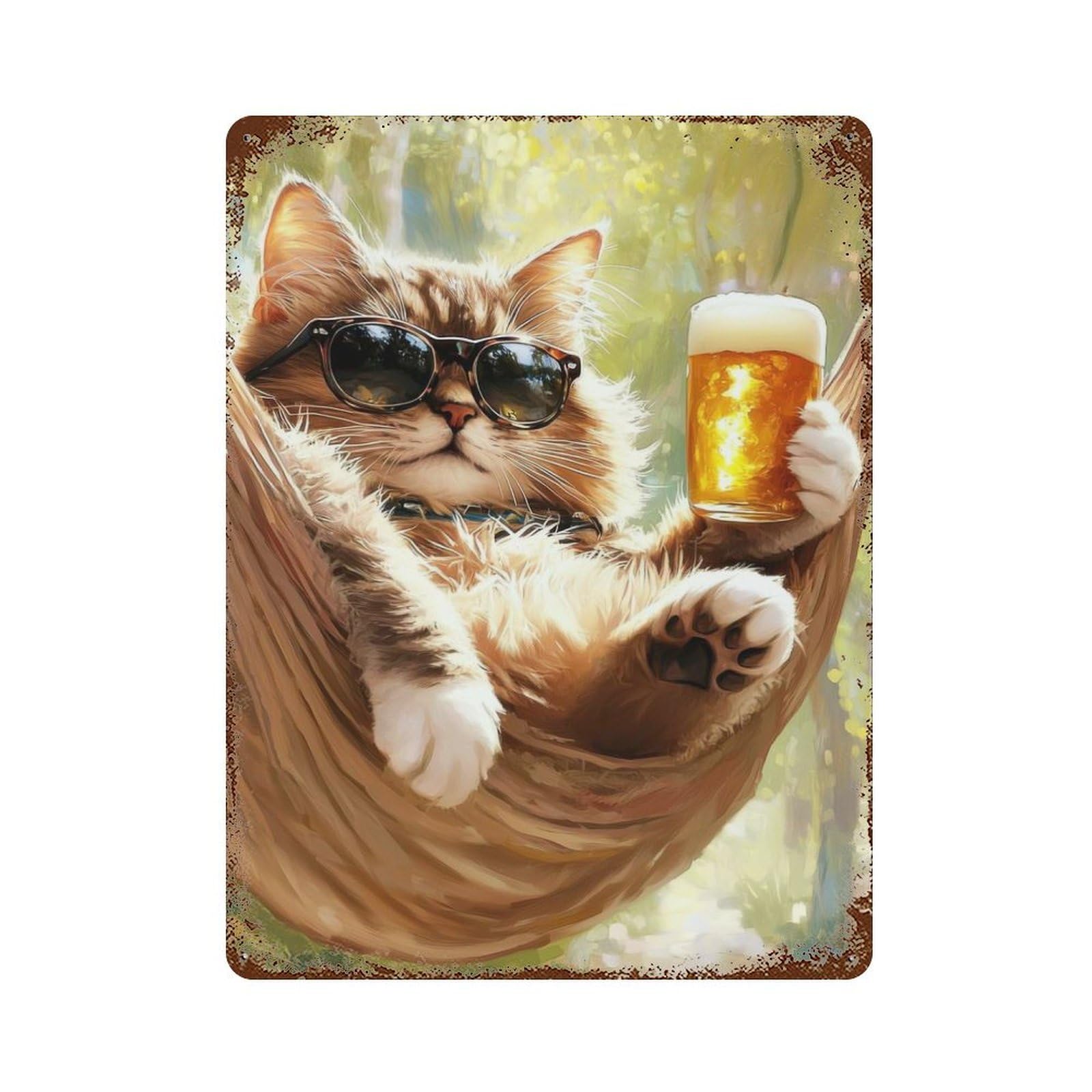 Garage Style Cool Cat Relaxing with Beer Distressed Metal Wall Sign 15.7"x11.8", Vintage Wall Decor for Bar And Workshop
