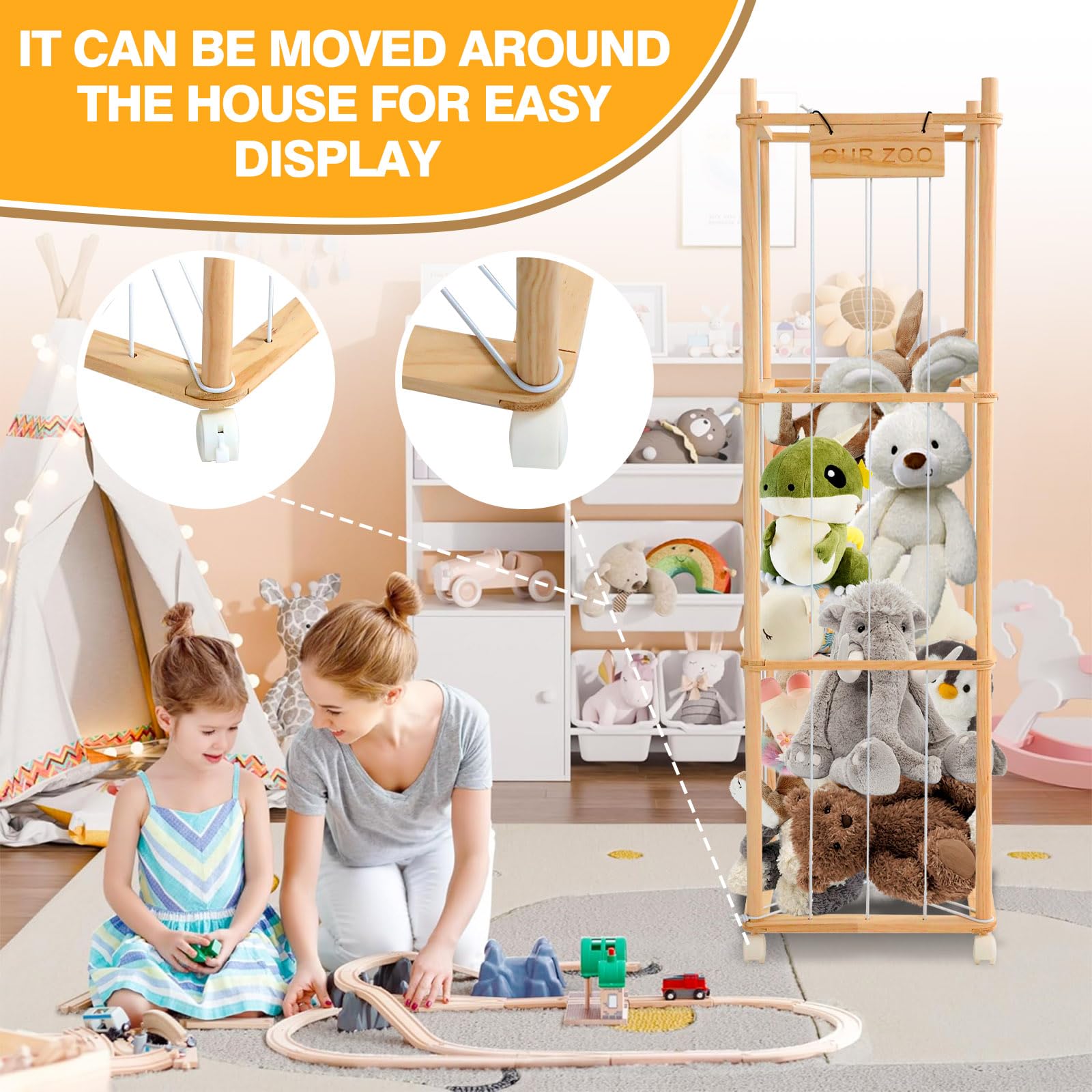 Contenitore per animali di peluche con ruote, grande scaffale in legno massello con 3 livelli e freni, per cameretta dei bambini e sala giochi
