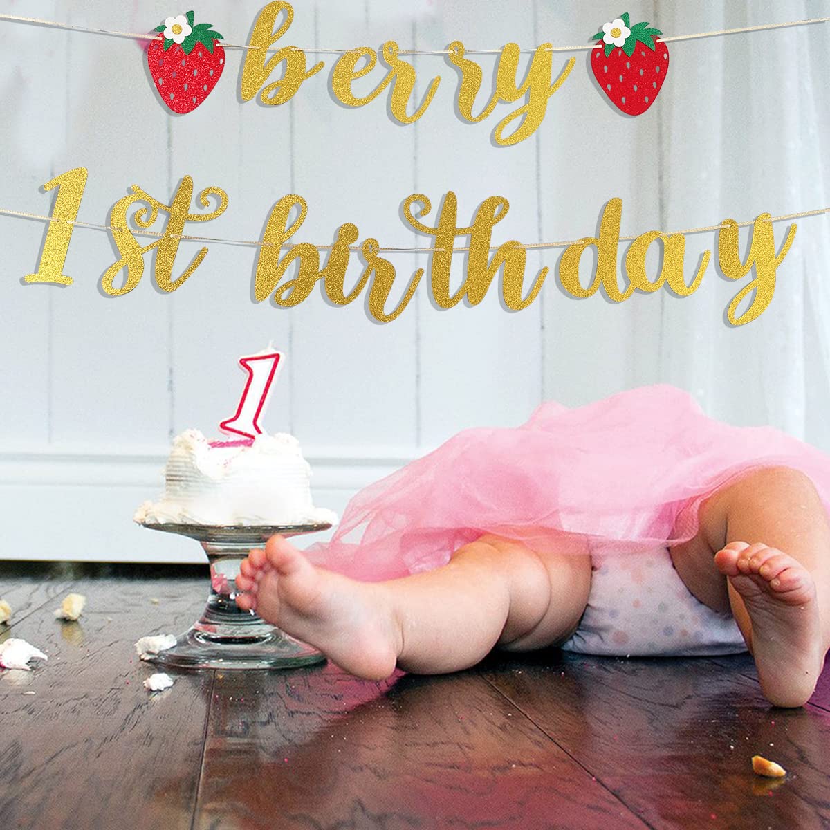 Berry First Birthday Banner – Glitzer-Erdbeer-Banner Für Den 1. Geburtstag (rosa)