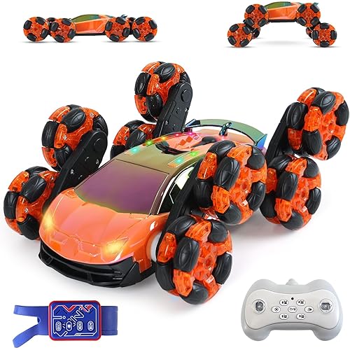 8 Wheels RC Stunt Car Toys - Birthday Gifts for 6 7 8 9 10 11 12 Year Old Boys Kids, Gesture Sensing Remote Control Vehicle with 360-Degree Flips, Dual-Sided Off-Road Driving, Lights & Music