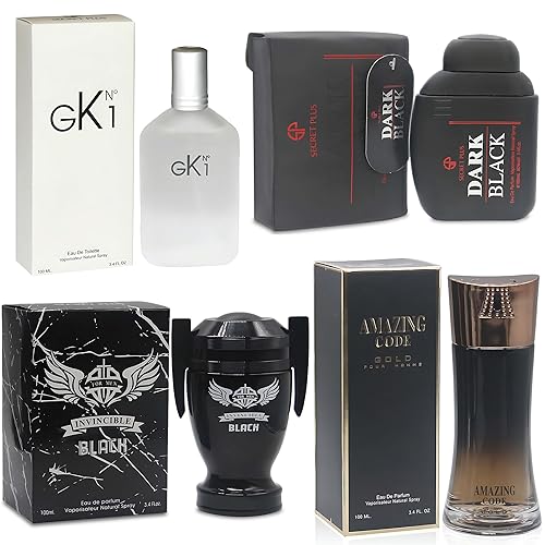 Colonia para hombre Set 4 conjuntos combinados (negro oscuro, negro invencible, código asombroso dorado, GK N1) Eau de ParfumeToilette Spray natural