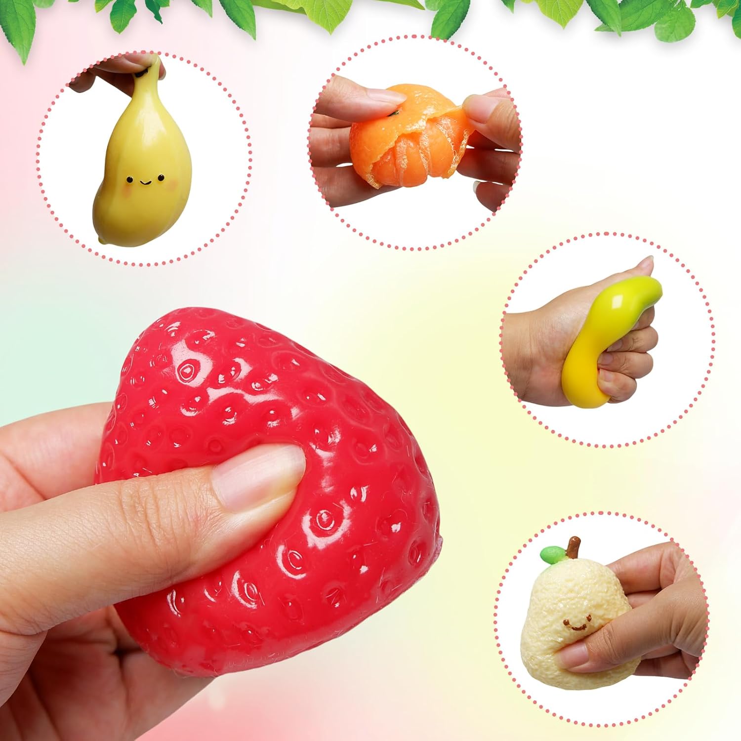 5 Pcs Handmade Fruit Taba Squishies Toys, Stress Relief Squishies Fidget Toys Include Strawberry, Banana, Mango for Party Favors OPP Packaging
