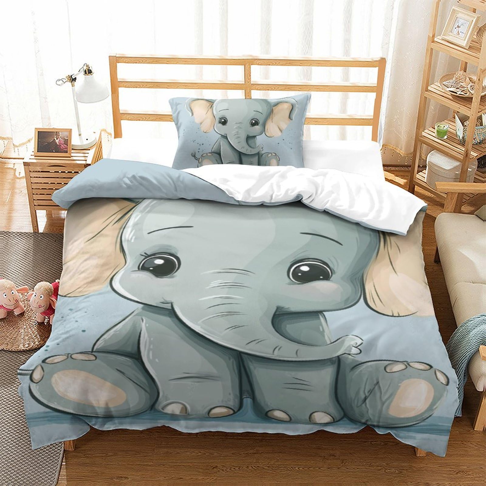 Parure de lit éléphant 135x200 housse de couette microfibre 3D avec taie d'oreiller pour lit enfant
