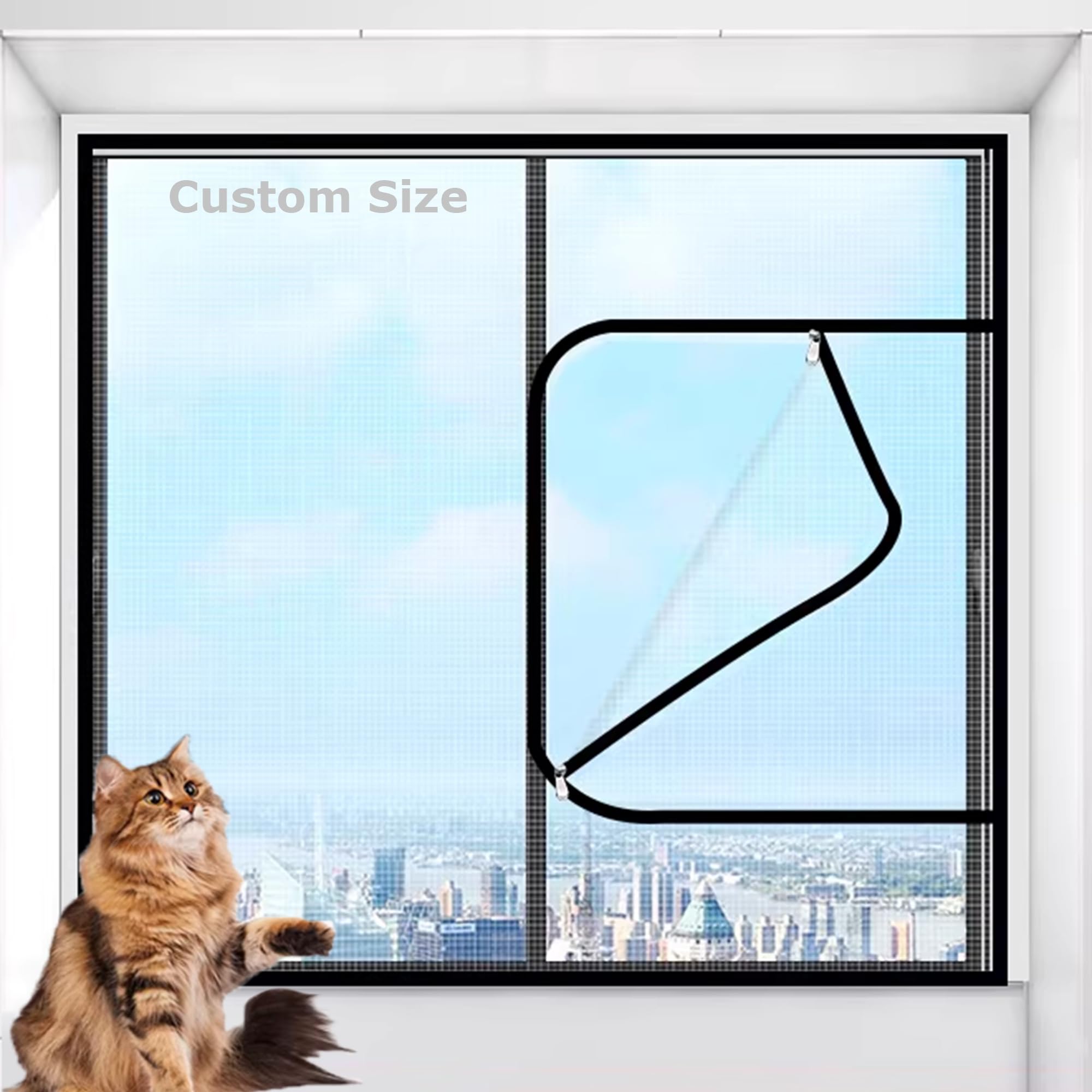 XXIUDEE Custom Size Window Screen Mesh, Cat Window Mesh with Zipper, Self Adhesive Indoor Cat Safety Net Protective Net, Anti Mosquito Netting without Drilling