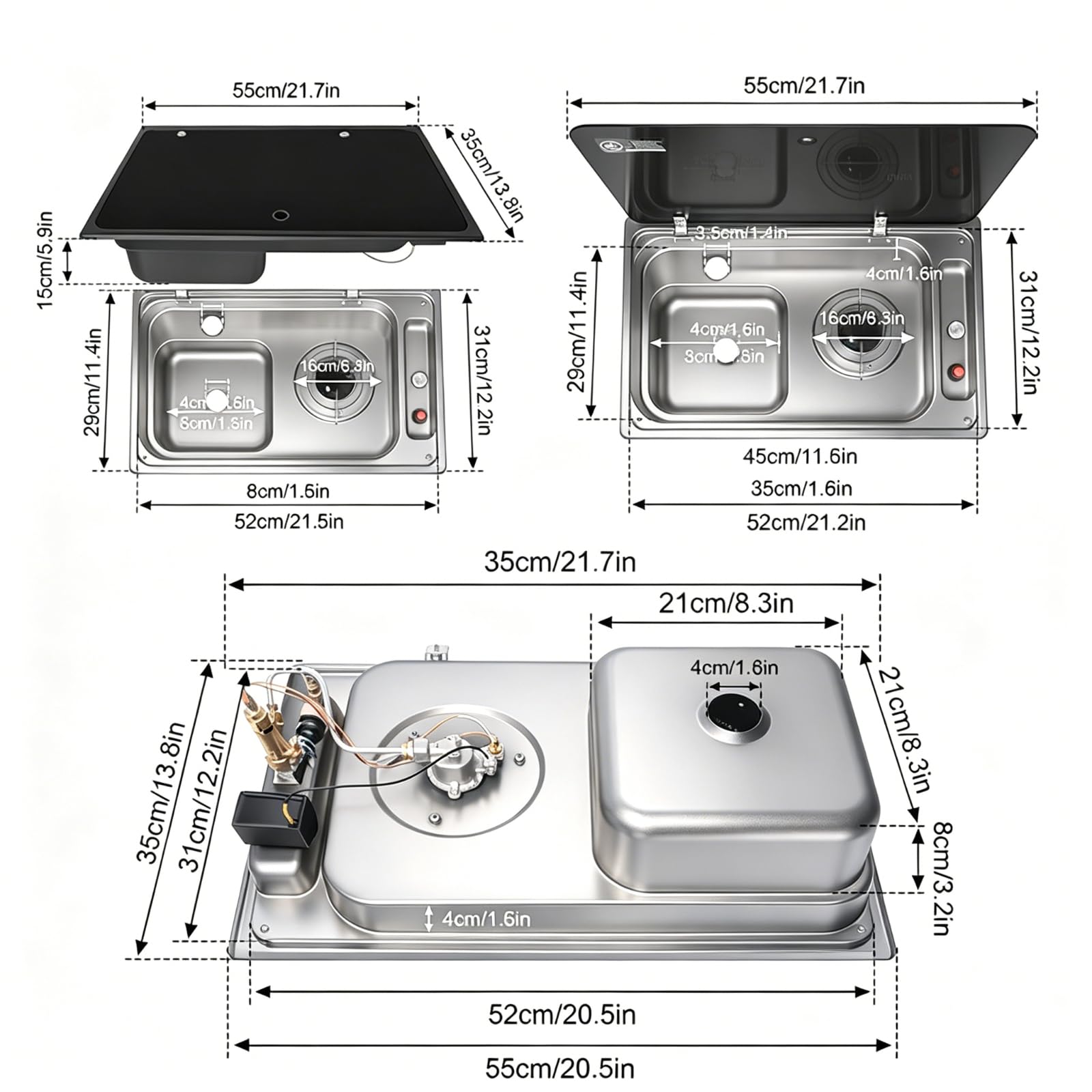 Lavabo 2 en 1 para caravana y compartimento de preparación con tapa de vidrio, inserto de acero inoxidable con boquilla plegable para caravana, furgoneta, remolque de viaje (negro/plateado)