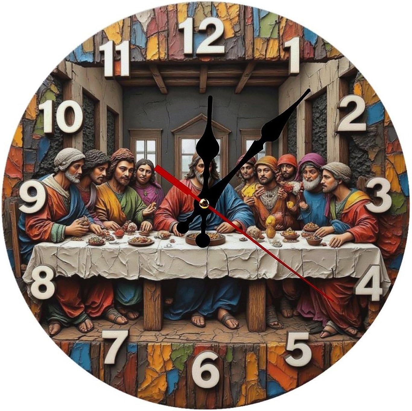 2D Last Supper Wall Clock Religious Home Decor Art 10 Inch Silent Wall Clock Battery Operated, Frameless Wooden Round Clock with Quartz Movement for Bathroom, Kitchen, Living Room, Bedroom