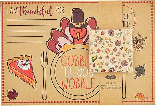 Mud Pie Juego de manteles individuales y servilletas de papel de Acción de Gracias, 12 1/2 "x 18 1/2" marrón