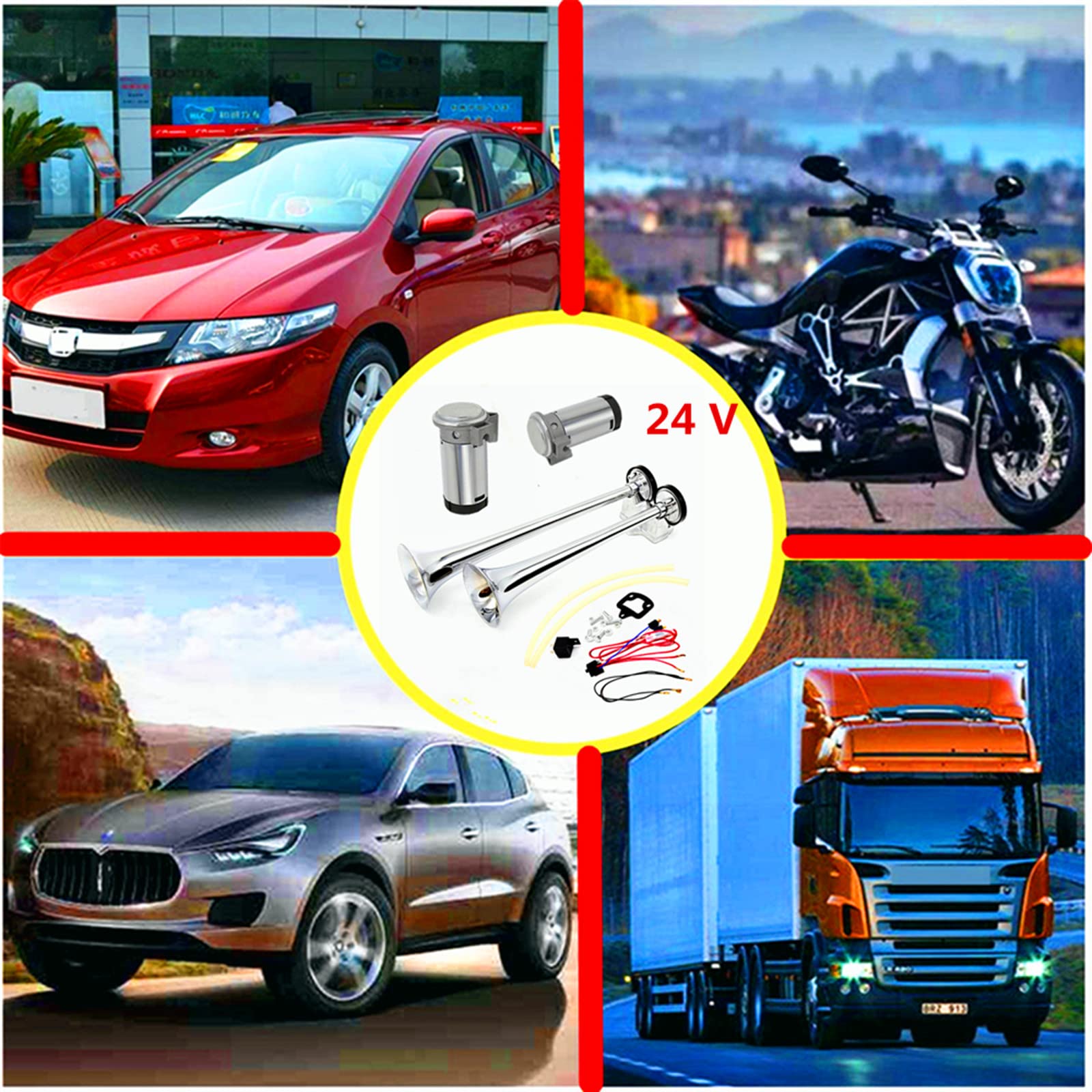 Cuerno de aire Bocina de coche 165db Corneta de aire Tono alto y bajo 24V doble tubo Trompeta Camión Bocina Plateada cromo zinc Car Horn con dos bombas de aire de compresor para 24V coche barco