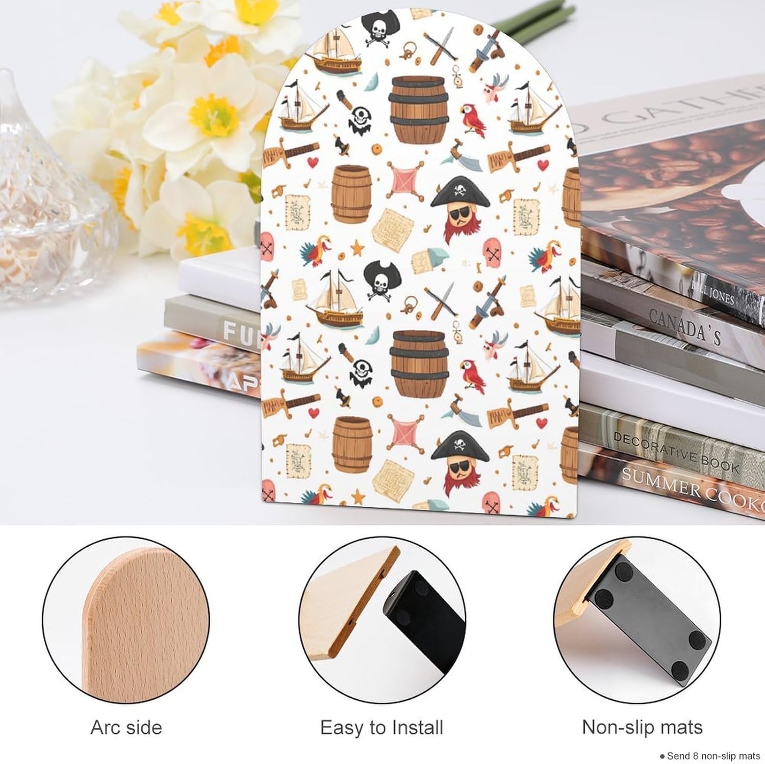 PiratesThemed Items Ship Bird Cute Wood Book Ends Decorative Bookends 1 Pair Non-Skid for Shelves Home Office 7 X 5 Inch