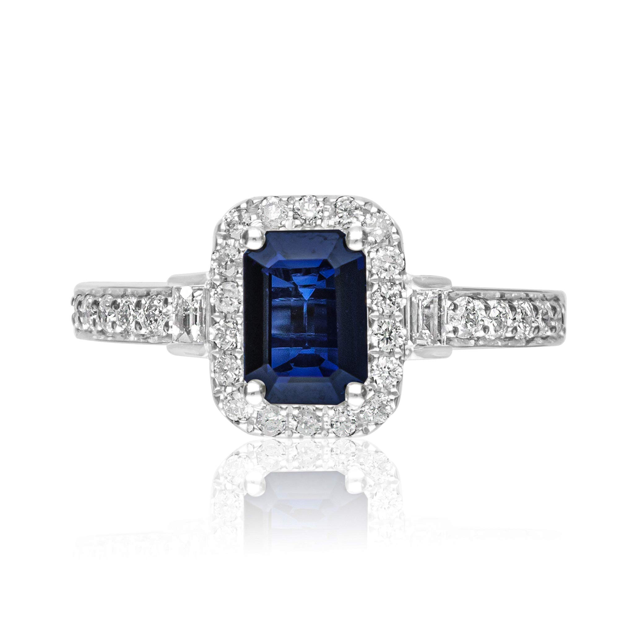 14K White Gold Genuine Blue Sapphire Diamond (SI1) Ring (Size 7) for Women Mother's Day Jewelry Gifts