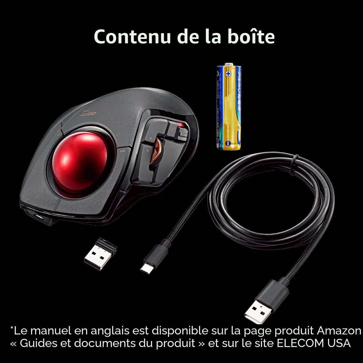 ELECOM DEFT Pro Souris trackball, Filaire, sans Fil, Connexion Bluetooth 3 Types, Design Ergonomique, Fonction 8 Boutons, Boule Rouge, Windows11, MacOS (M-DPT1MRXBK)