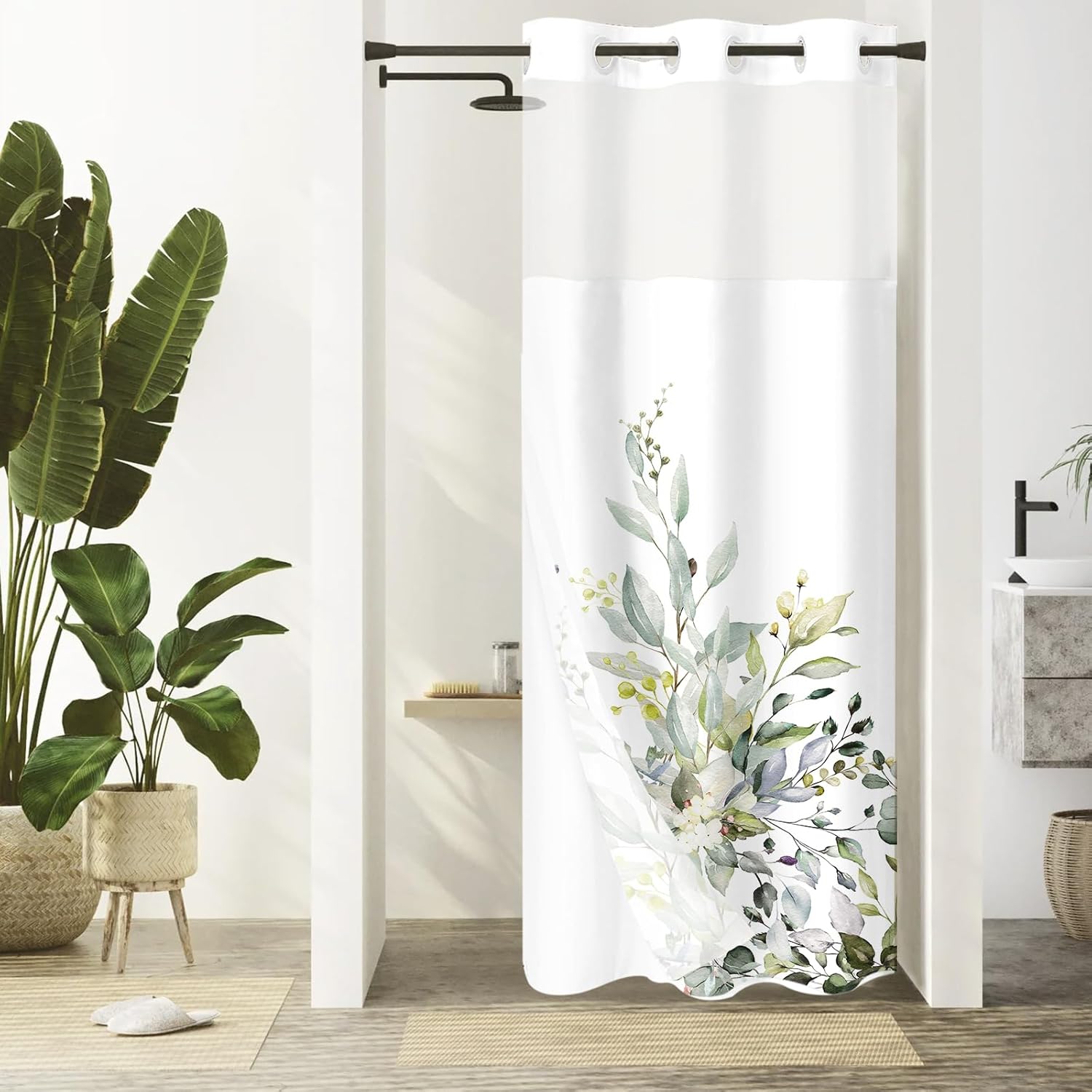Gibelle Small Stall No Hook Shower Curtain with Snap-in Fabric Liner Set - 36" x 74"(72"), Hotel Style Double Layers Sage Green Eucalyptus Leaves Shower Curtain with See Through Top Window Sage Green 36"W x 74"L (Pack of 1)