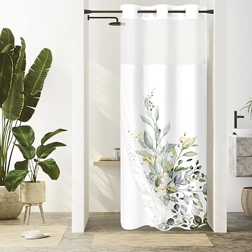 Miniatura 12 de Gibelle Juego de cortina de ducha sin gancho con forro de tela a presión, estilo hotelero verde salvia con hojas de planta, cortina doble