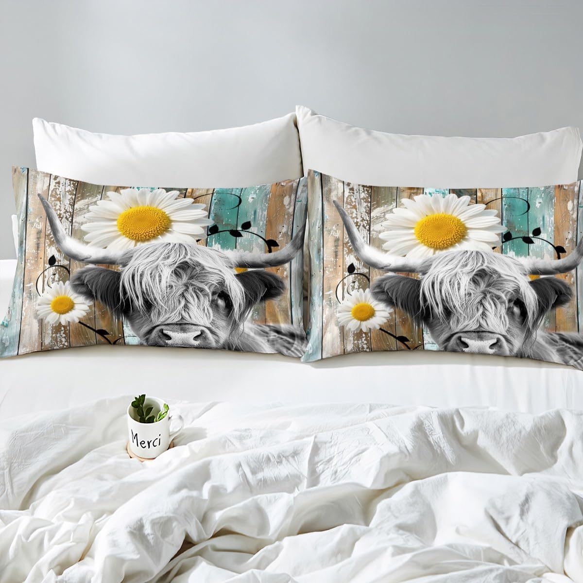 Highland Cattle Sheet Set Queen Size Daisy Flowers Bedding Set 4Pcs Barn Door Wooden Stripes Bed Sheet Room Decor Farm Cow Animal Fitted + Flat Sheet,2 Pillowcases