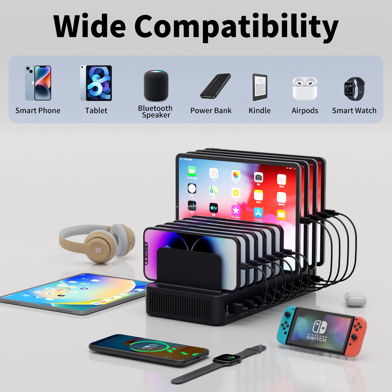 60W Charging Station for Multiple Devices, 10-Port USB Fast Charging Station with Adjustable Dividers - Device Organizer Charging Dock for iPhone, Android, iPad, Tablets & More