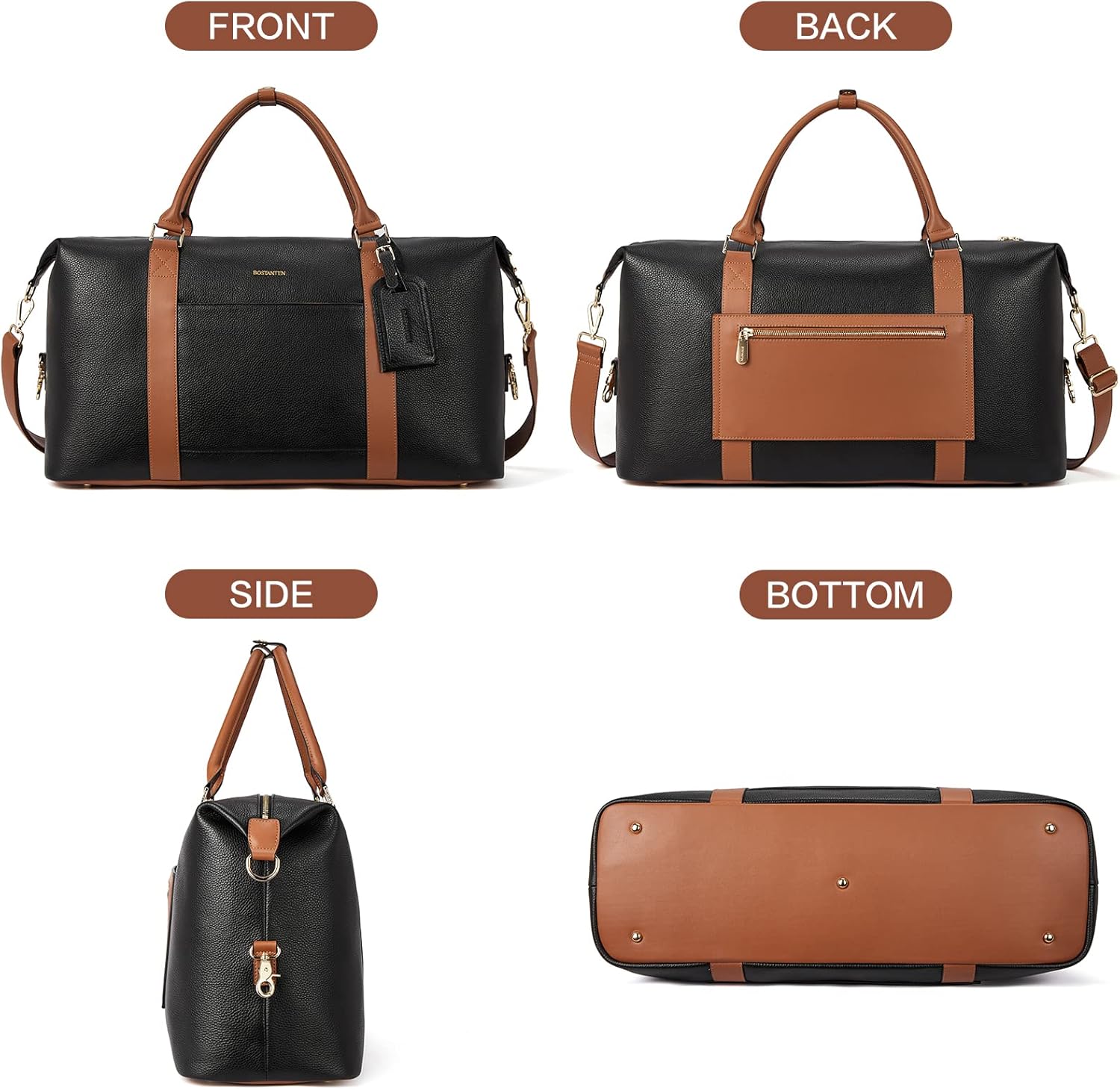 BOSTANTEN Weekender Bags for Women Leather Duffle Bag for Travel Overnight Duffel Carry on Large Tote with Trolley Sleeve and Luggage Tag - Image 5