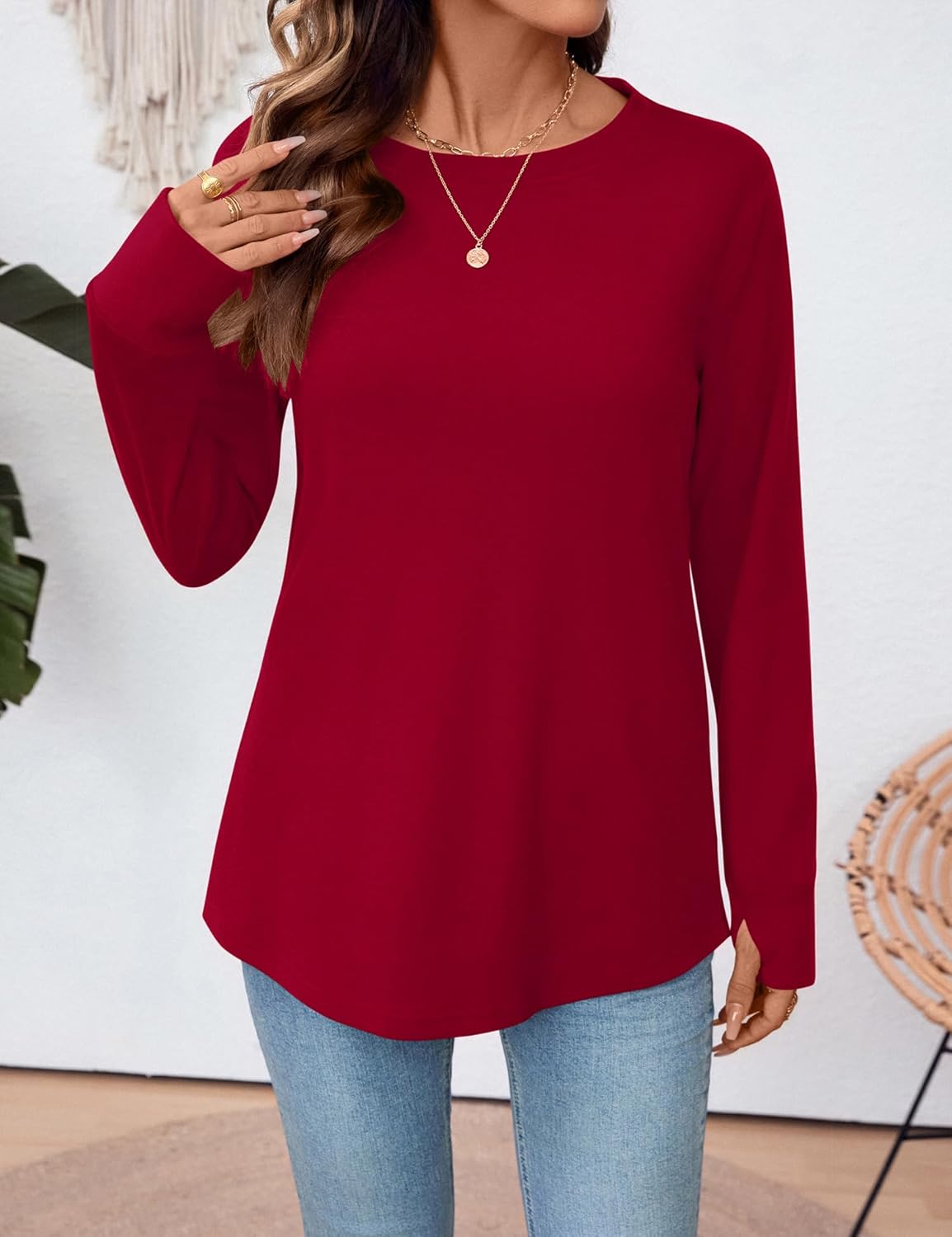 LOMON Womens Tunic Tops to Wear with Leggings Crew Neck Long Sleeve Shirts Casual Fall Tops with Thumb Holes - Image 2