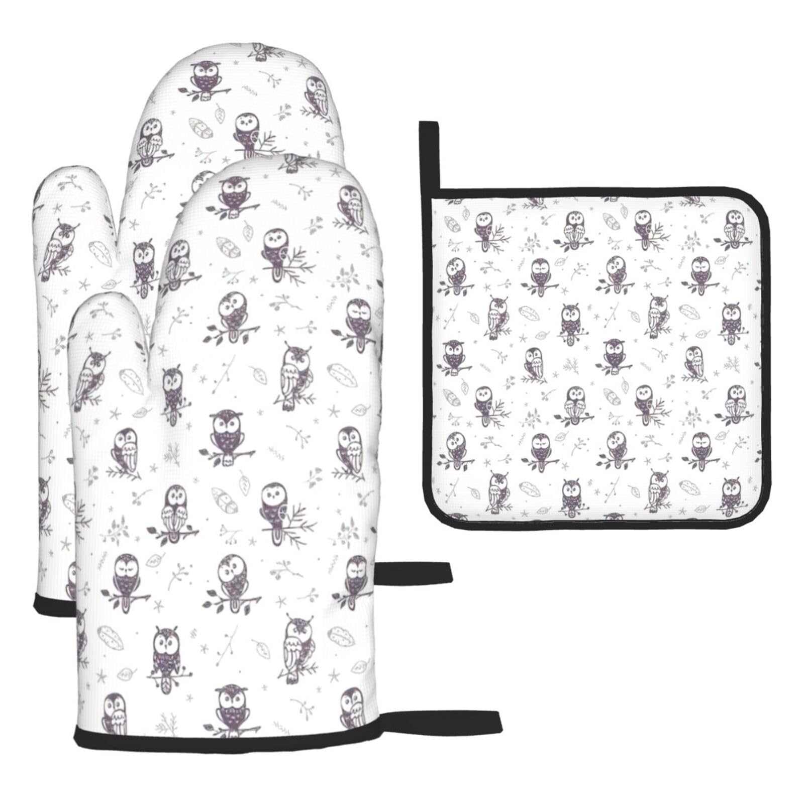 Owl Tree Branches Print Oven Mitts Kitchen Gloves Set Everyday Baking Grilling Microwaving Cooking Gift