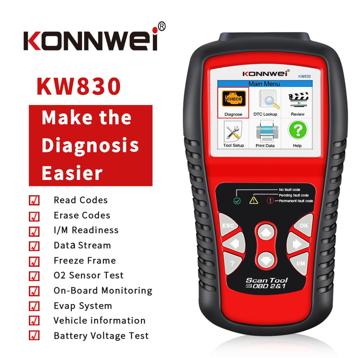 KONNWEI KW830 skaner OBD2, czytnik kodów OBD2, narzędzie diagnostyczne do samochodu z pełnymi funkcjami OBD2 i testerem akumulatora do odczytywania i usuwania kodów błędów pojazdu, obsługuje