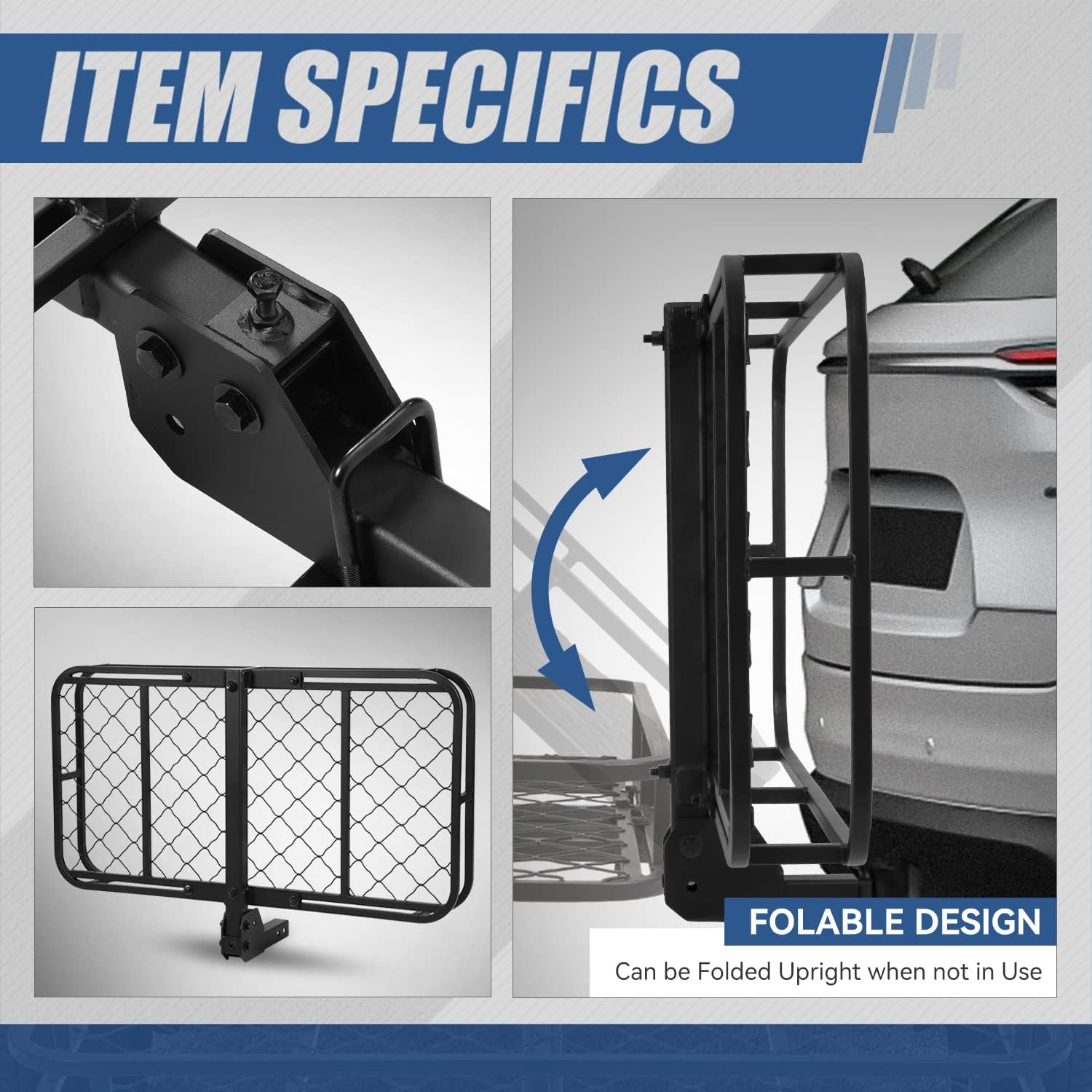 Auto Dynasty Universal Rear Fold-Up Tow Hitch Trailer Cargo Holder Carrier Basket Compatible with 2 Inch Tow Receiver Car Model, Carbon Steel, Black Powder Coated