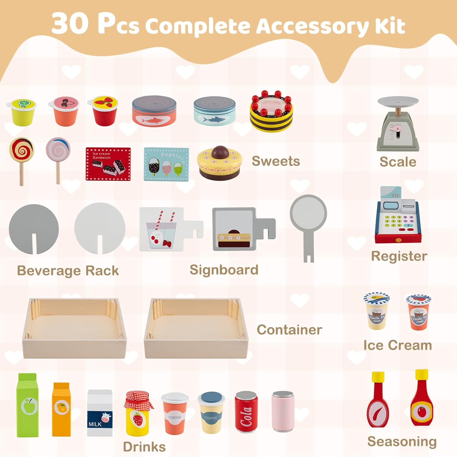 HONEY JOY Kids Food Cart, 30-Piece Toddler Pretend Play Grocery Store Playset w/Cash Register & Scale, Wooden Dessert Shop Play Market, Children Beverage Stand Cart w/Wheels, Gift for Boys Girls