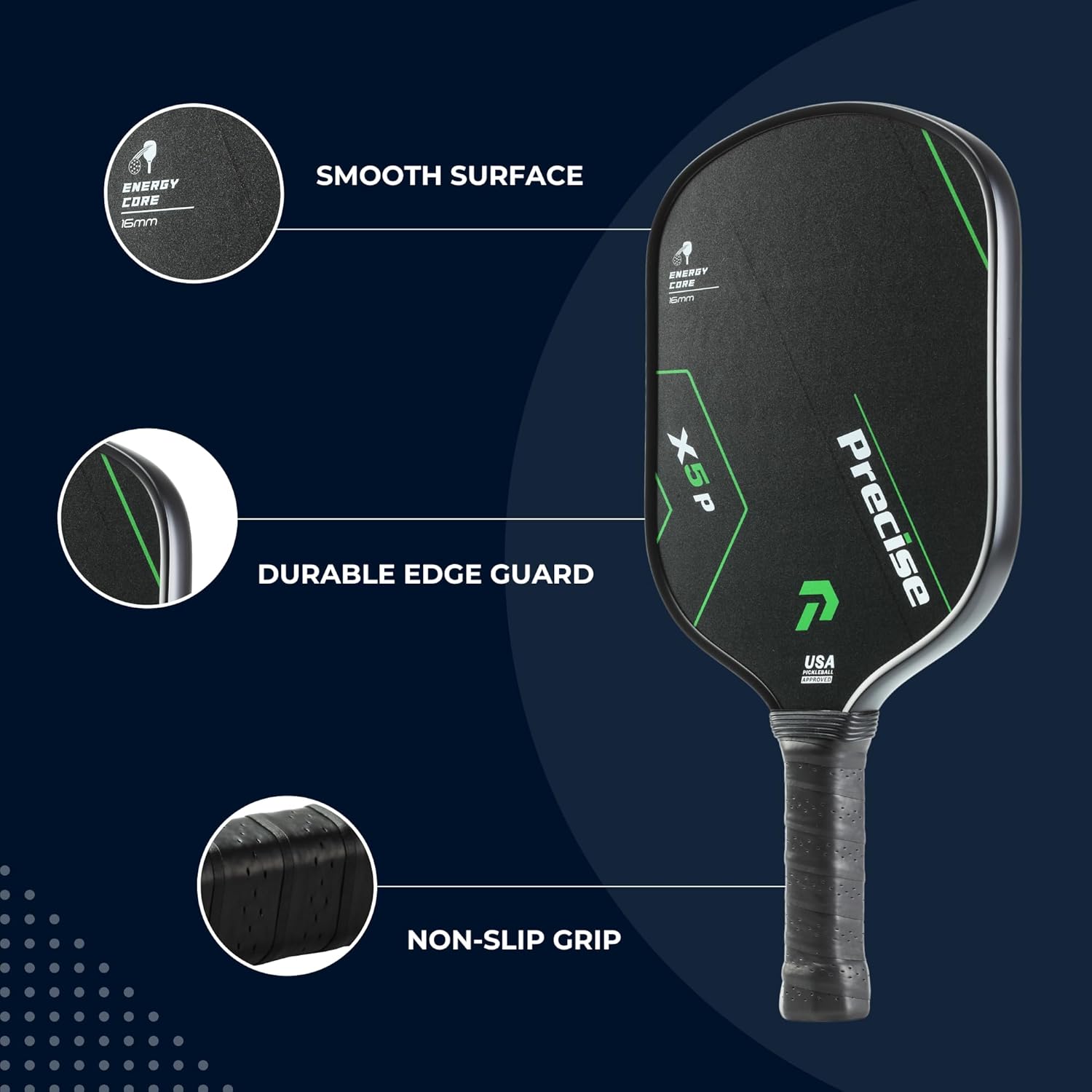 Precise Carbon Fibre Pickleball Paddle – USAPA Approved – Honeycomb Core – Smooth or Textured Surface Options – Comfort Grip – Indoor & Outdoor Racket