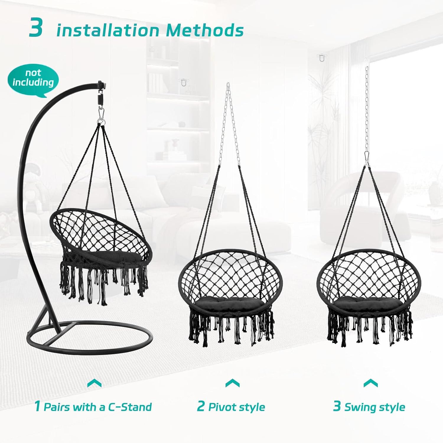 Boho Hanging Swing Chair, 360 lbs Max Load, Macrame Hammock Chair with 1 Soft Cushions & Hardware Kit, Hand Knitted Cotton Rope Swing Seat for Bedroom, Patio, Sunroom, Indoor/Outdoor