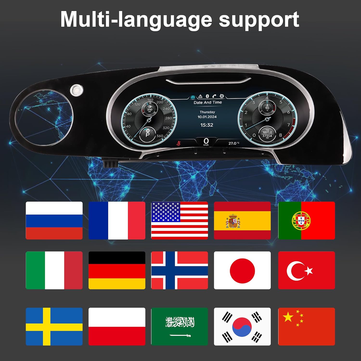 Digital Cluster for Continental GT, Flying Spur 2005-2012, 12.3" Gauge Speedometer Gear Panel for Bentley, Built-in Carplay, 1920x720 LED Screen, 3 UI Styles, Support Car Steering Wheel Control