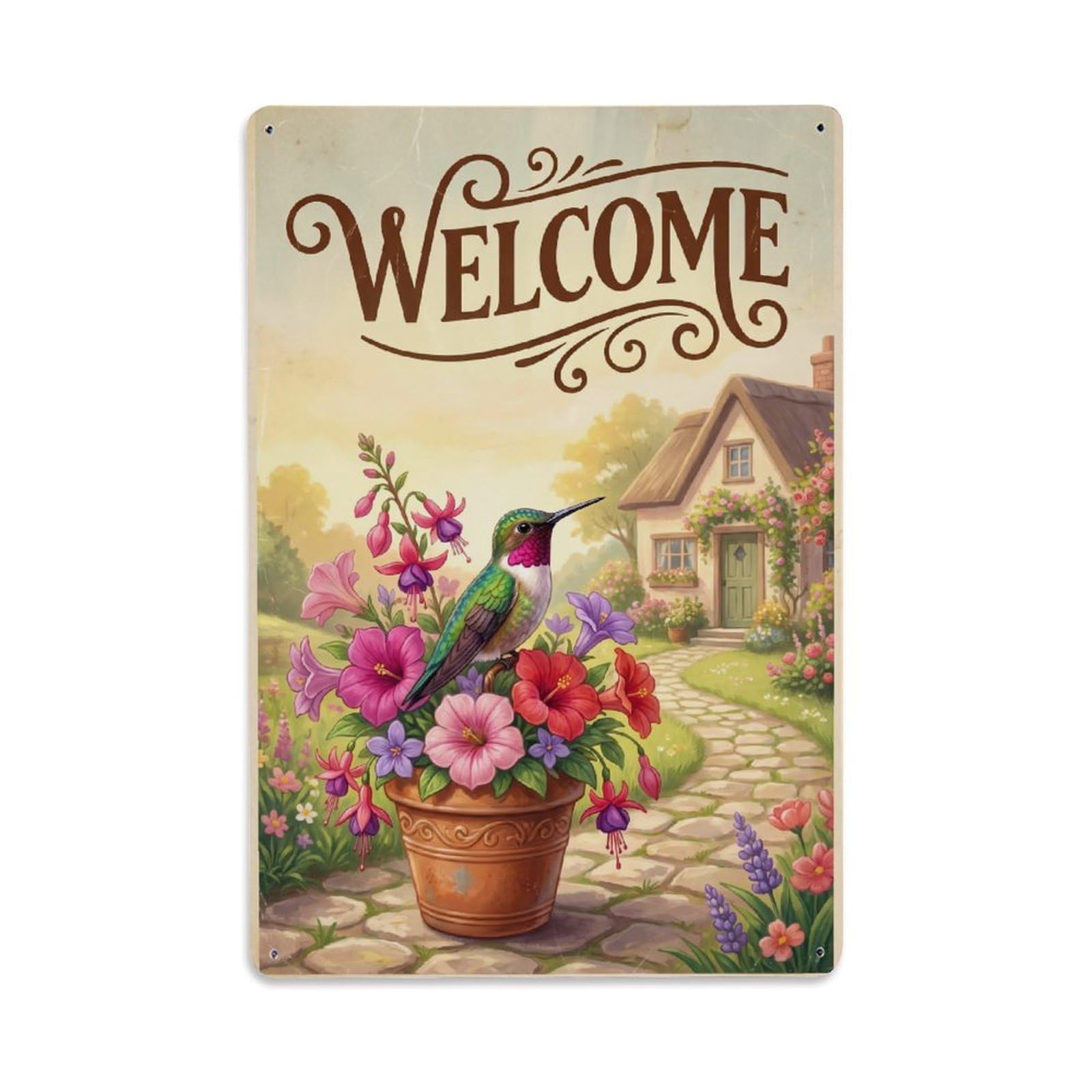 Cxhjca 8X12inch(20X30cm) Vintage Welcome Hummingbird Flower Basket Metal Tin Sign