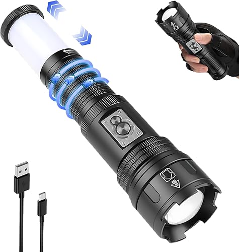 Linternas recargables de alto lúmenes, linterna multifuncional con luz trasera retráctil, 10 modos, linternas tácticas LED de 100000 lúmenes para el