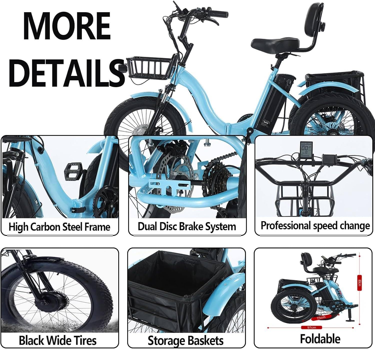 Triciclo Elettrico per Adulti,Bicicletta A Tre Ruote per Adulti,Pneumatici Larghi da 18",3 modalità di Guida,Guida Fluida,con Cestino Posteriore,Display,Pieghevole,Ideale per Gli Spostamenti