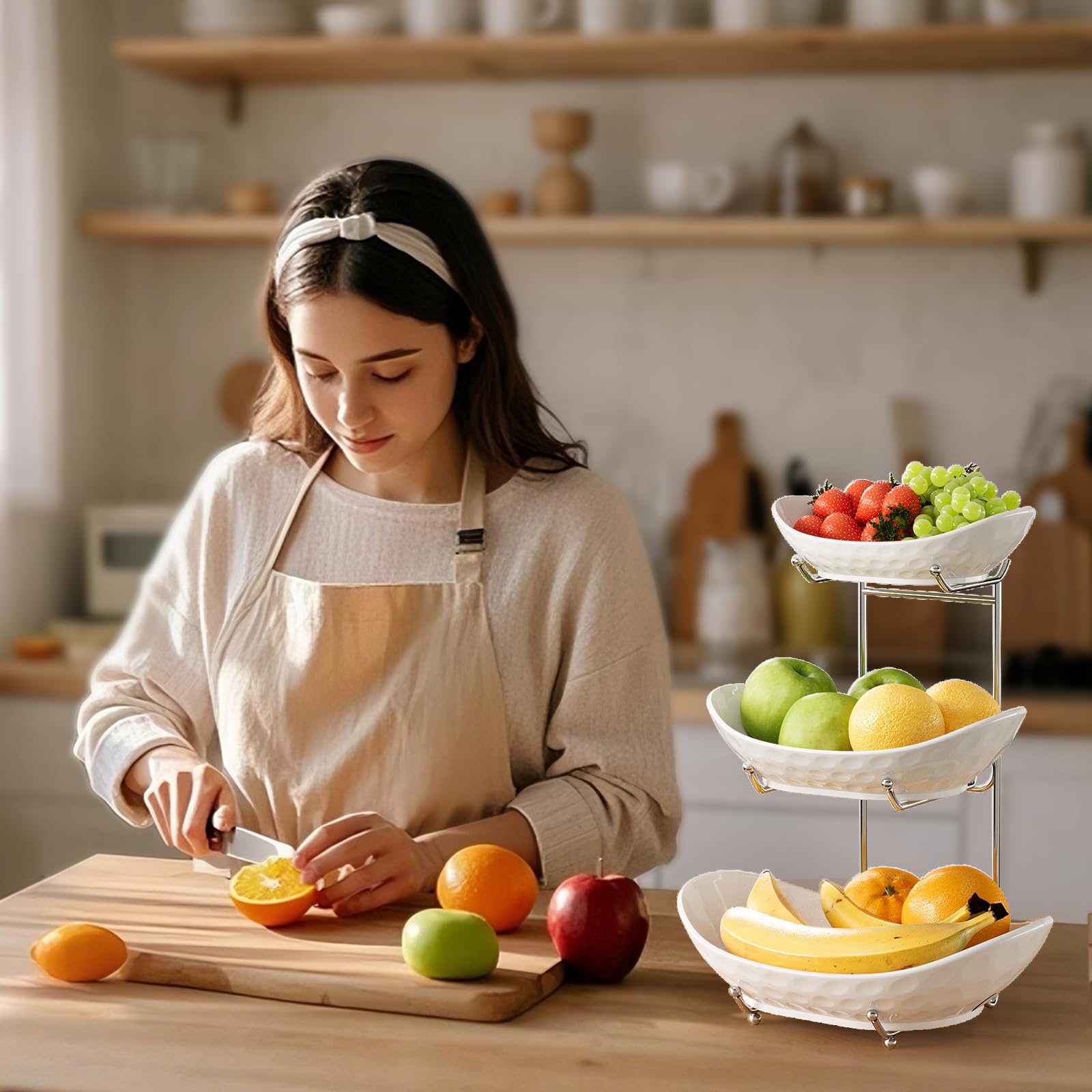 Cuenco de frutas, cesta de cerámica de 3 niveles, soporte para servir de 3 niveles con estante de metal, cuencos de cocina de porcelana para frutas, verduras, aperitivos, nueces, postres,